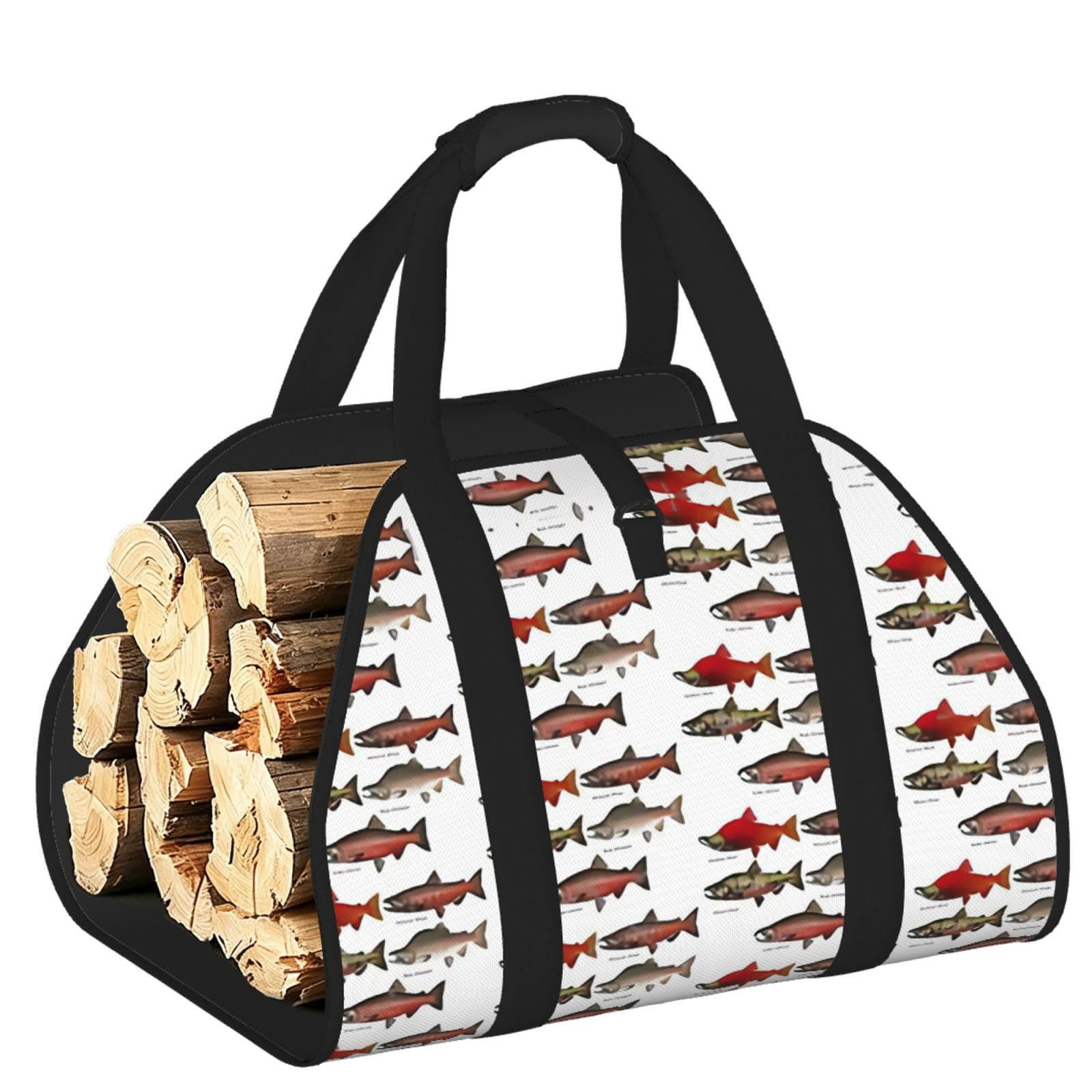 Salmon Printed Firewood Carrier Bag, Log Tote with Open-Ended Design for Camping Outdoor Wood Hauling