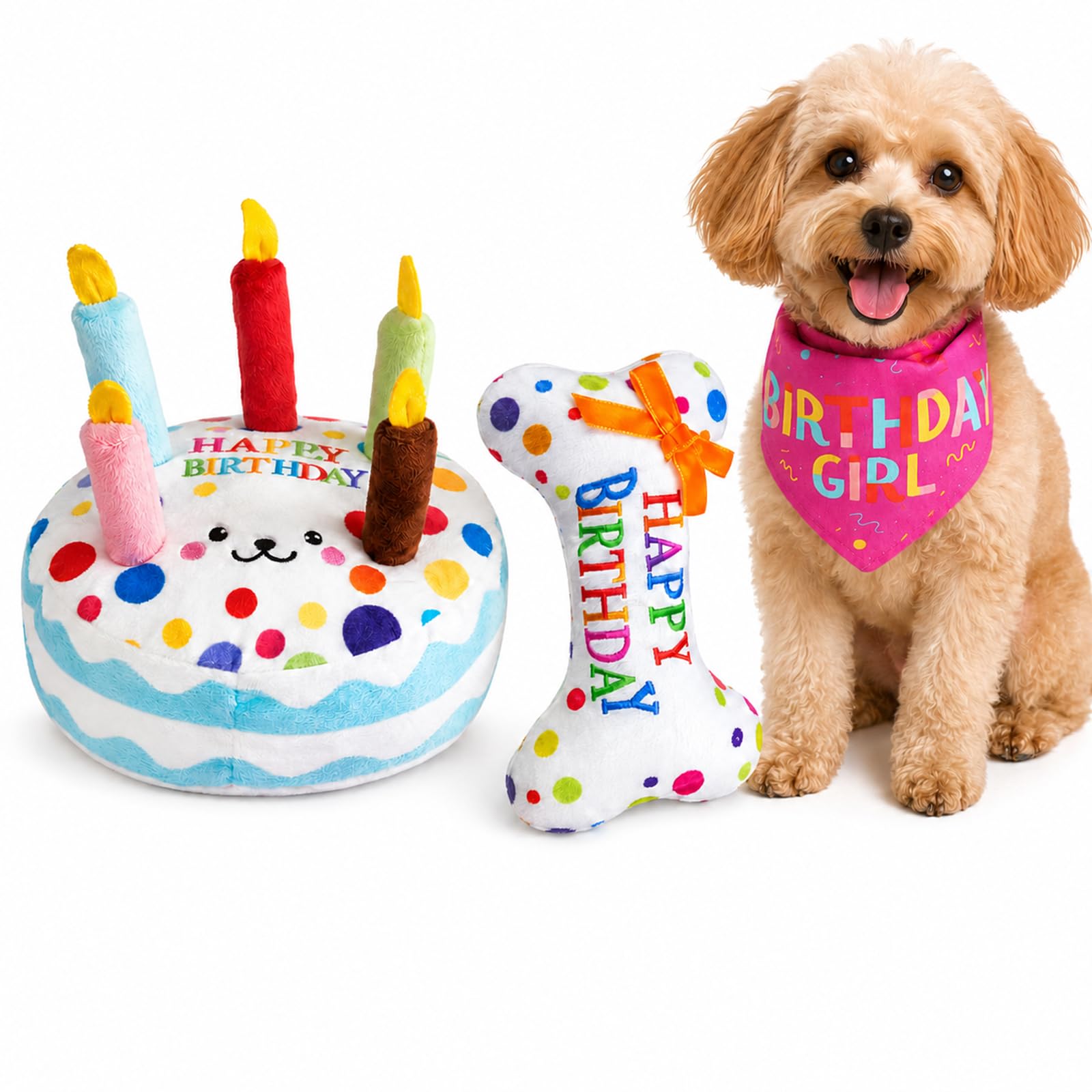 HANXIANG 3Pcs Dog Birthday Chew Toy Set with Drool Bib