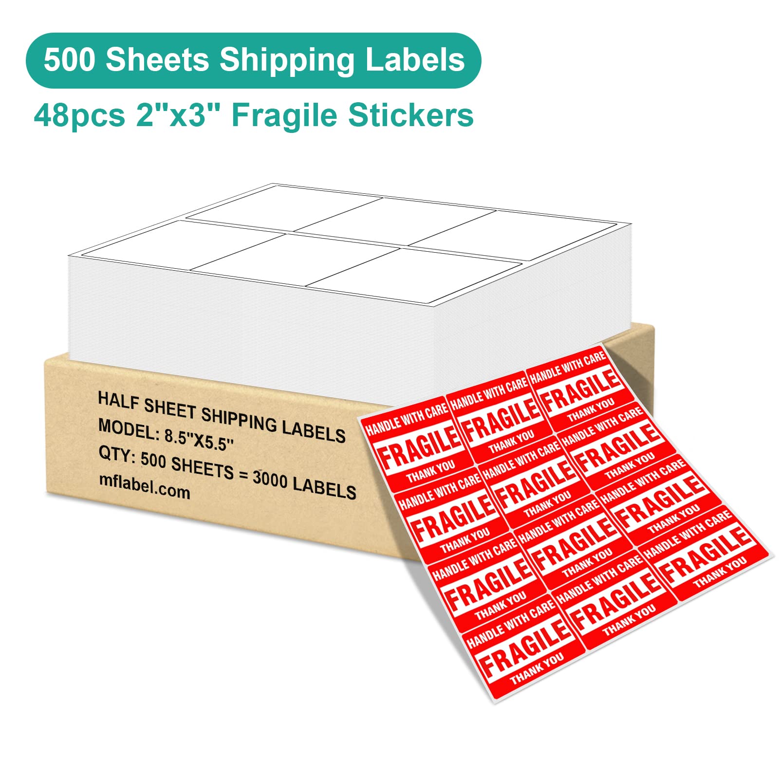 MFLABEL Etichette per spedizioni Logistica di Amazon da 8,46 x 10,2 cm, 500 fogli (3000 etichette!) | Adesivo industriale per cartone/vetro | Certificato laser/inkjet + 48 adesivi fragili in omaggio