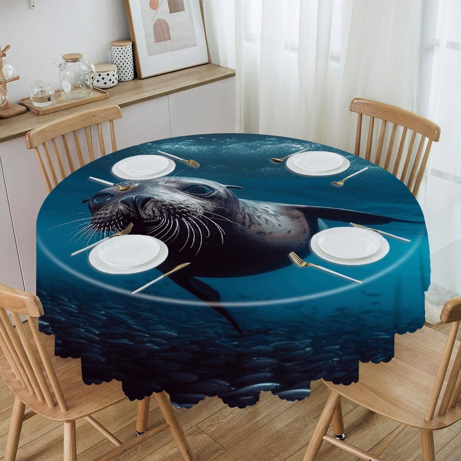 FekiLoot Underwater Sea Lion Round Tablecloths 60 Inch Resistant Washable Polyester Table Cloth Style Decorative Circle Fabric Table Cover for Dining Kitchen Party Farmhouse Outdoor