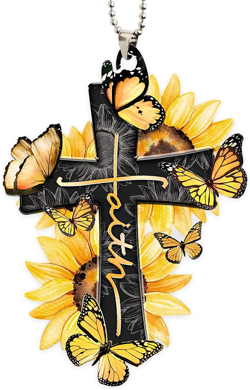 ROOHOME Sunflower God Jesus Cross Christian Butterfly Acrylic Pendant - Car Mirror Hanging Accessories Backpack Key Hanging Pendant - Home Decoration Festival Ornaments Gift