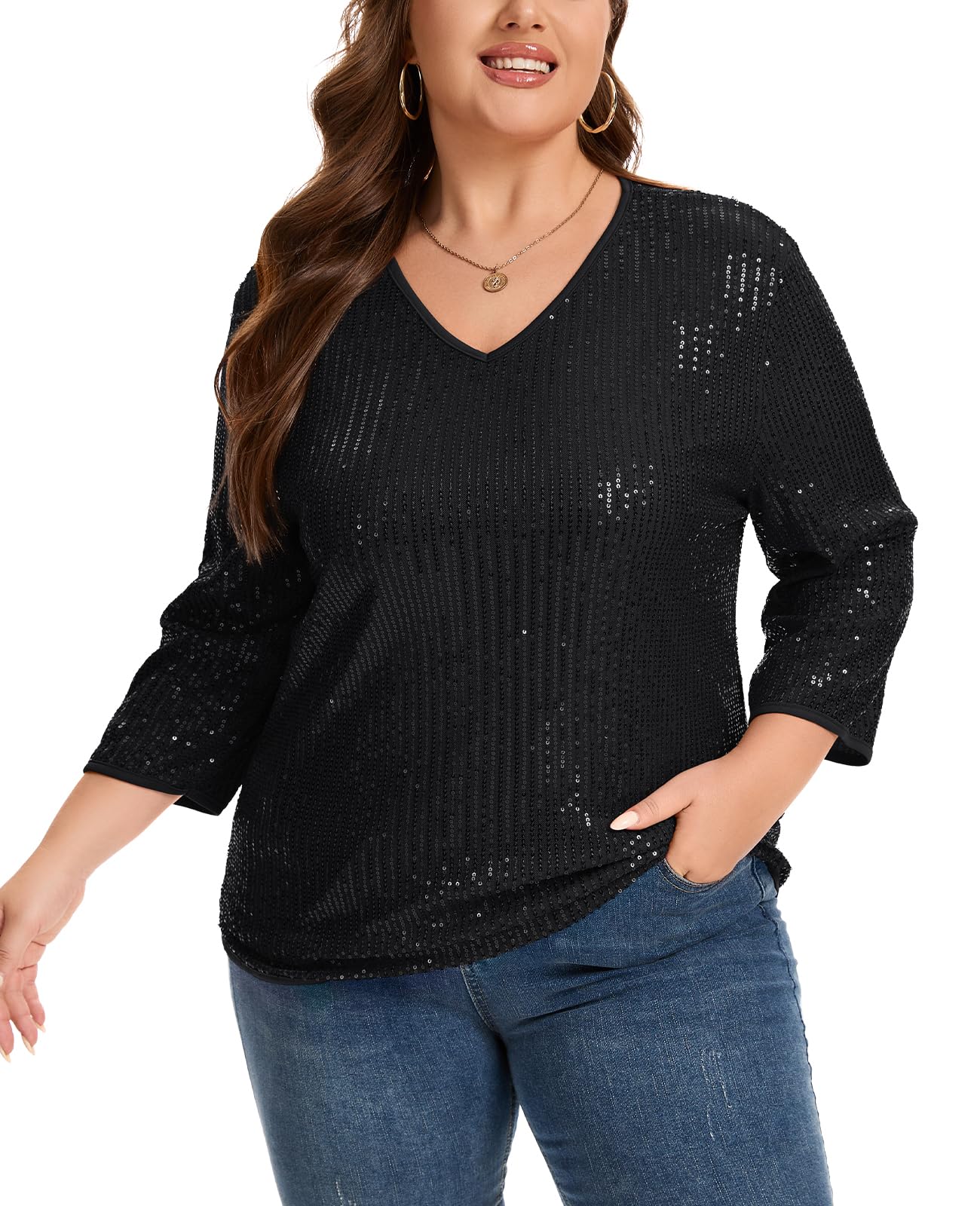 XL-5XL Grande taille Chemisier à paillettes T-shirt Femmes Haut à paillettes étincelantes Col en V Doublé Manches 3/4 Vêtements de soirée décontractées