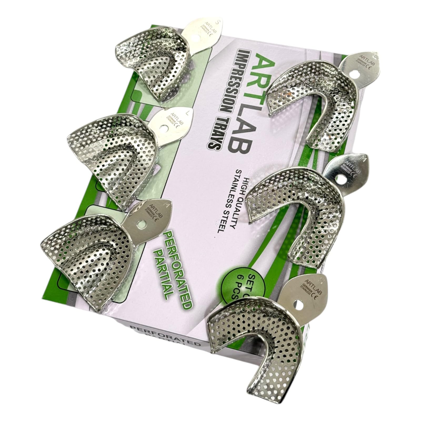 Denture Impression Trays, Upper & Lower, Perforated, Non-Perforated, Autoclave-Safe Reusable German Stainless Steel Dental Tools (6PK-Perforated (S+M+L))