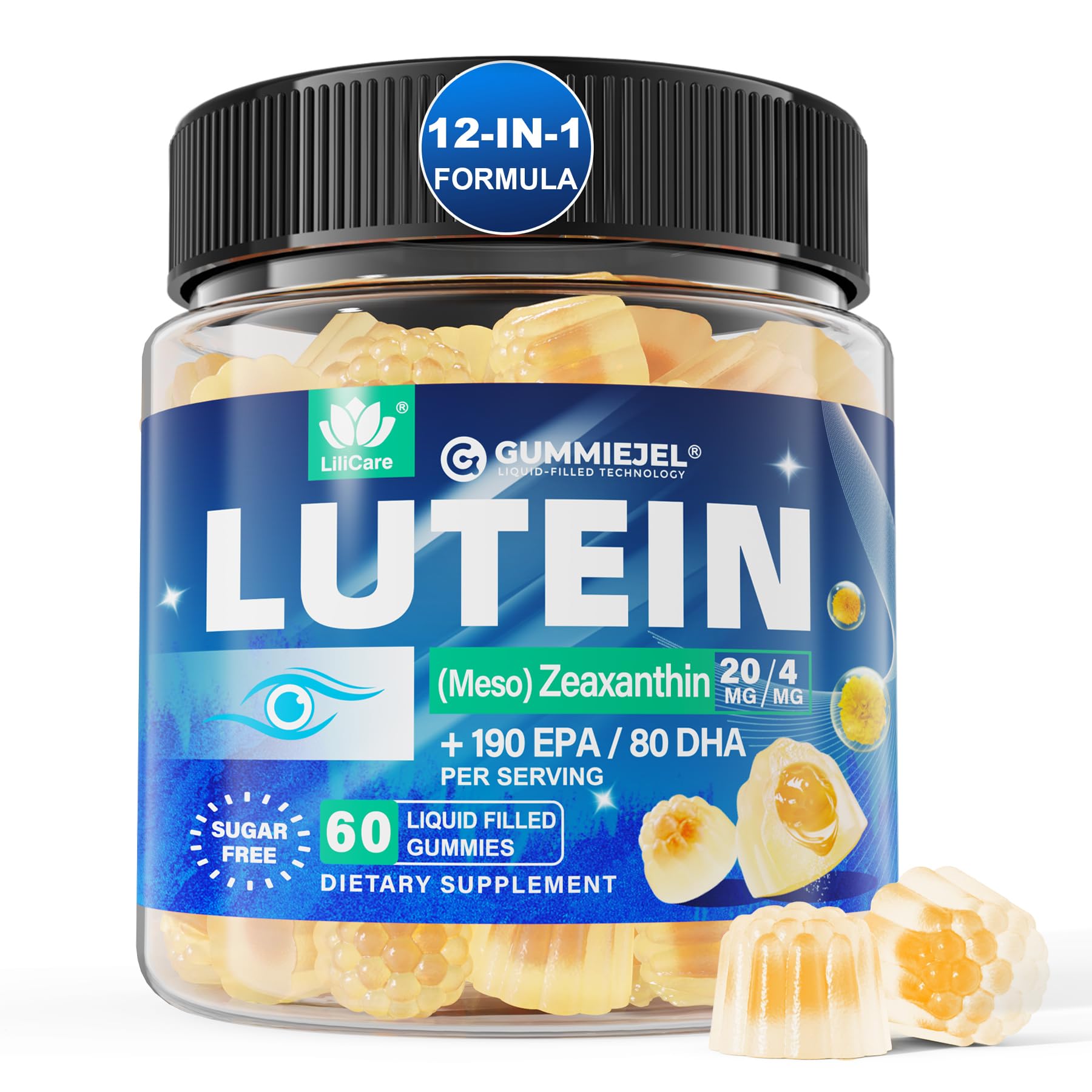 Sugar Free Lutein 20mg 40mg and Zeaxanthin Gummies for Eyes with Omega 3 (EPA 190mg & DHA 80mg), Lutein Supplements Eye Vitamins Filled Gummies Plus Bilberry, Goji Berry & Saffron, Vegan - 60 Count