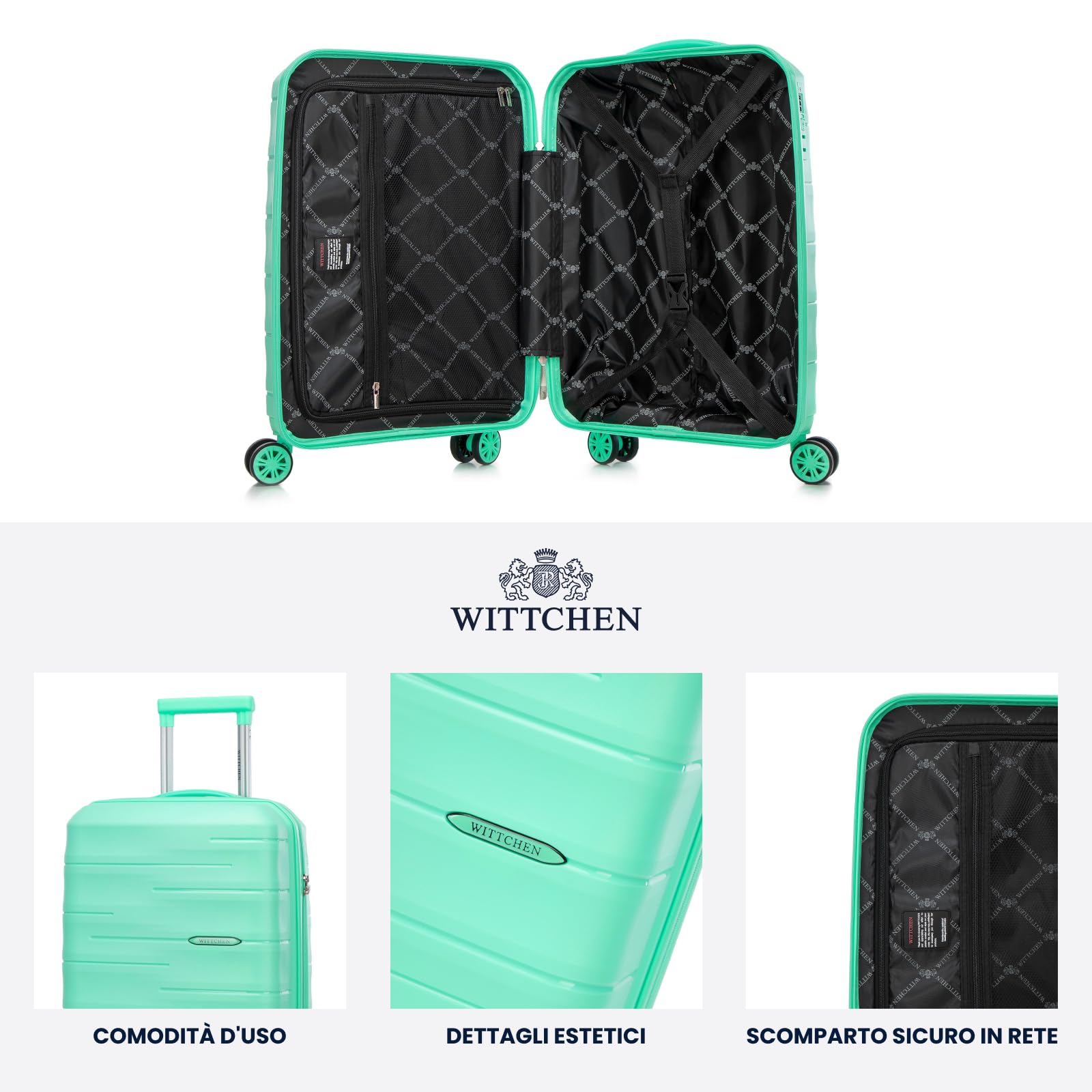 WITTCHEN ARCO Line | Trolley da cabina Bagaglio a mano Valigia piccola | Bagaglio leggero Polipropilene Lucchetto TSA Manico telescopico | 4 ruote piroettanti | Verde