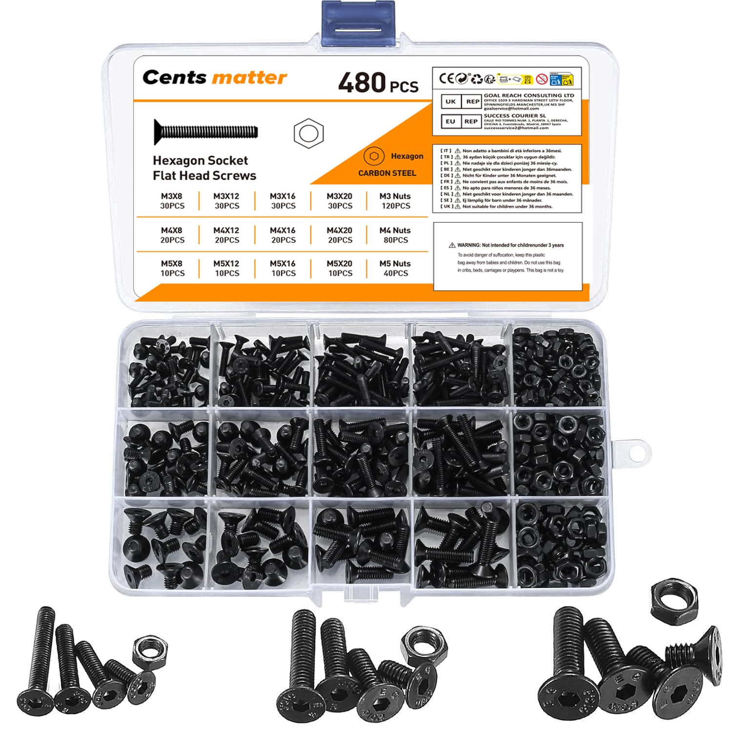 Set di 480 viti e dadi a esagono M3 M4 M5 - Kit di viti a testa piatta