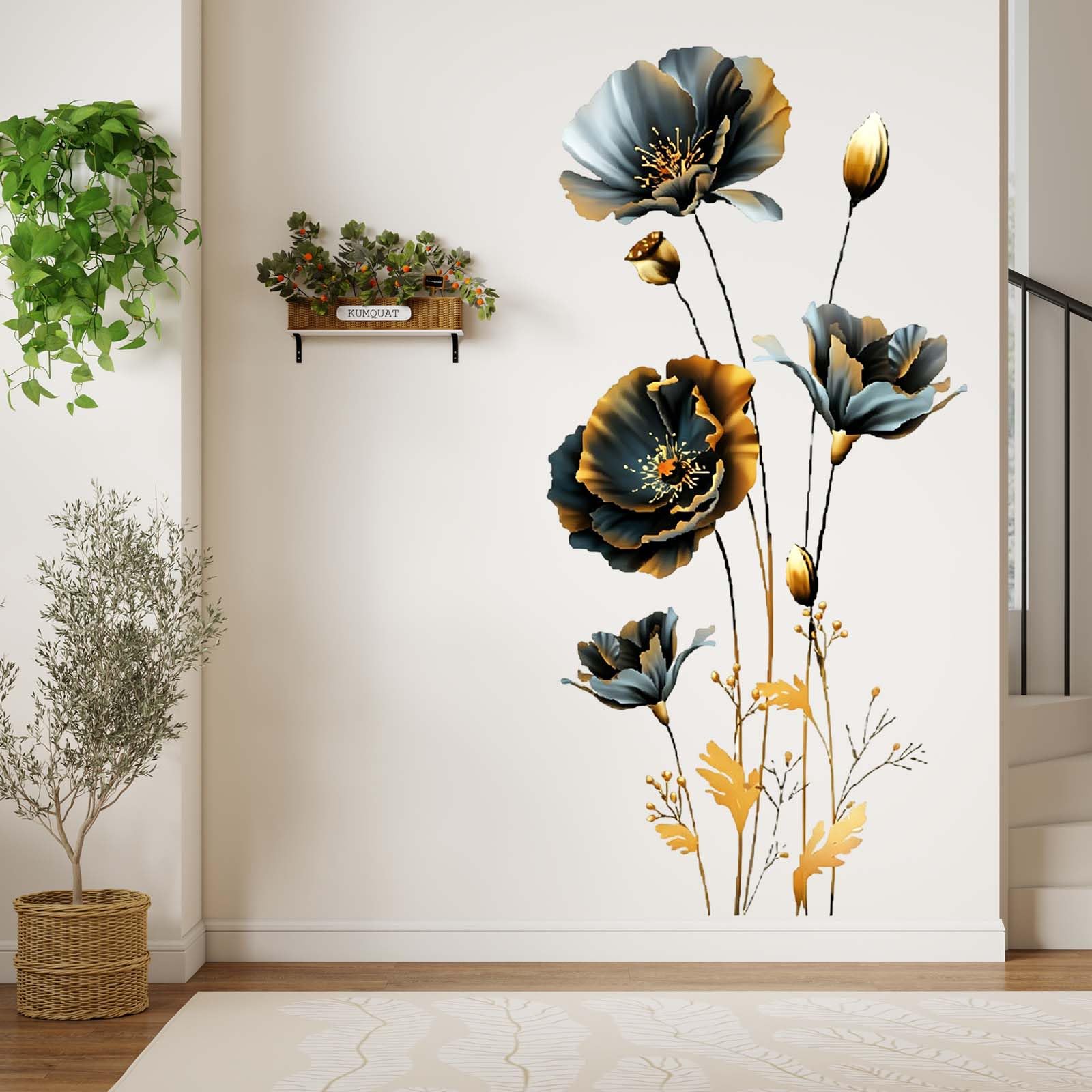 Black Gold Flower Wall Stickers Peel and Stick Wall Decals for Living Room Bedroom Sofa TV Background Home Decor