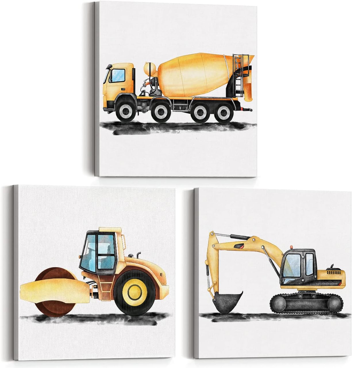 Yuzi-n Set of 3 Construction Nursery Vehicle Art Posters Canvas Wall Art & Tabletop Decoration Home Boys Bedroom Decor, Digger Dump Truck Tractor Canvas Prints Easel & Hanging Hook 12x12 Inch