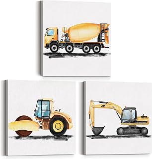 Set of 3 Construction Nursery Vehicle Framed Wall Art Decor Watercolor Digger Dump Truck Tractor Canvas Paintings Prints Posters for Home Kids Toddler Boys Bedroom, 12x12 Inch