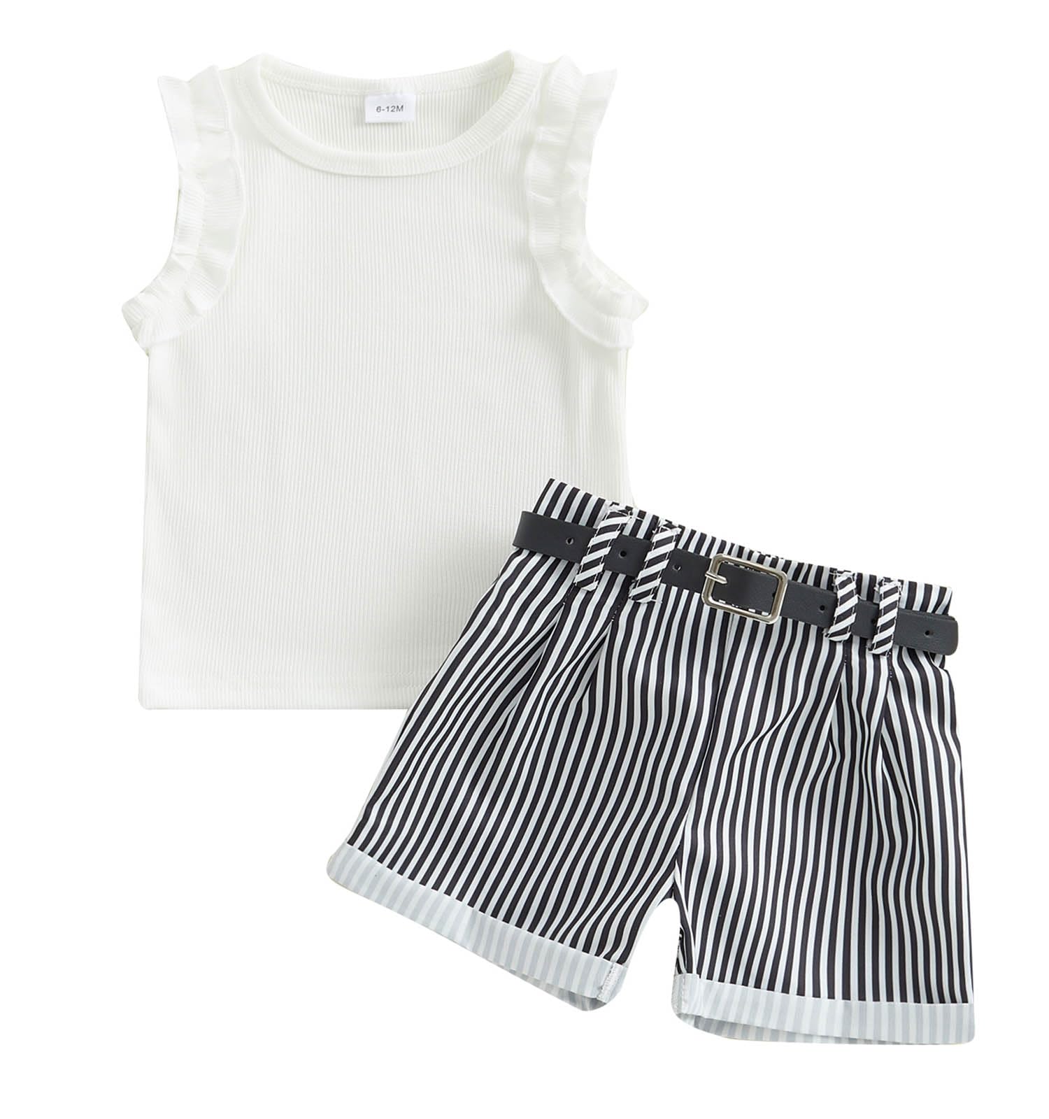 TheFound Toddler Baby Girl Summer Outfits Sleeveless Ruffle Tank Top Striped Shorts Newborn Baby Clothes 6 12 18 24 Months 2T (White, 12-18 Months)