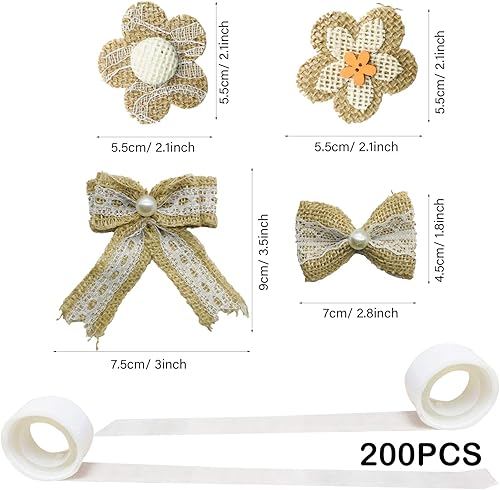 Miniatura 3 de Allazone Juego de 41 flores de arpillera natural, 39 piezas hechas a mano de arpillera de flores de rosas de encaje y cinta de arpillera y punto de