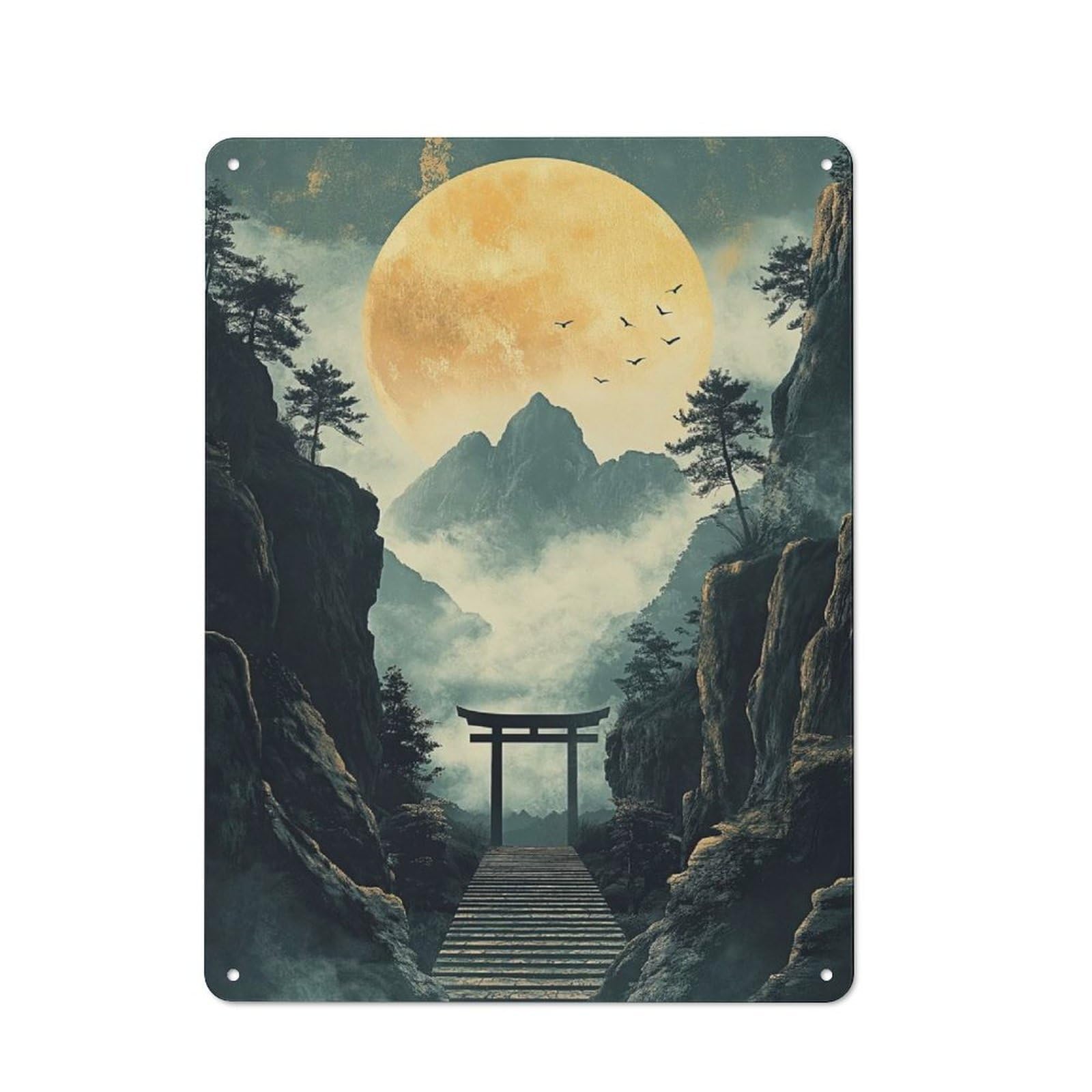 Retro Metal Wall Sign 40x30cm with Japanese Mountain Gate for Hallway Wall, Gift for Wall Display Collectors during The Christmas Season