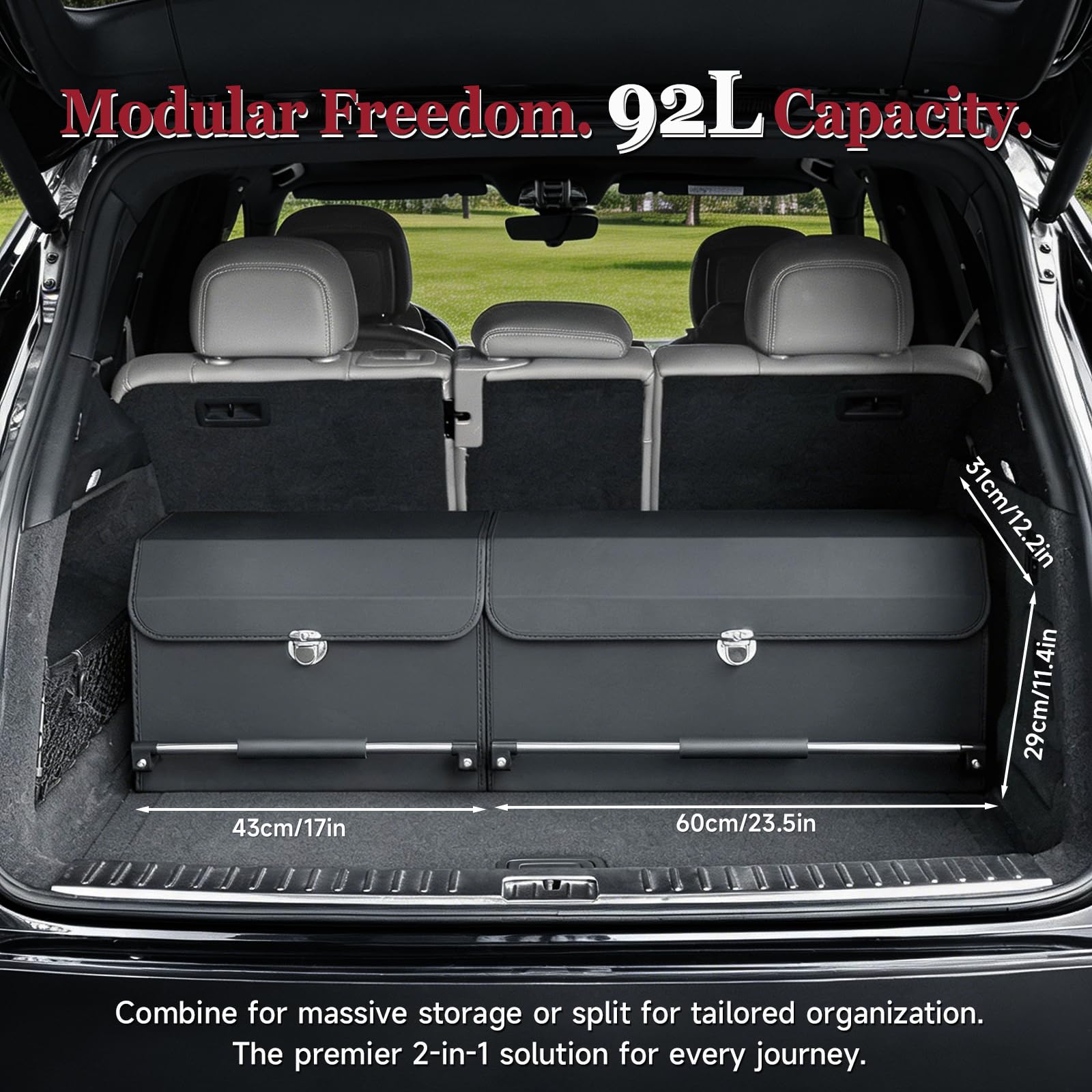 Organizador de maletero con tapa, caja modular 2 en 1 XXL de piel Nappa, asa deslizante empujable, gran capacidad 92L compatible con coches, SUV y monovolúmenes (103 x 29 x 31 cm)