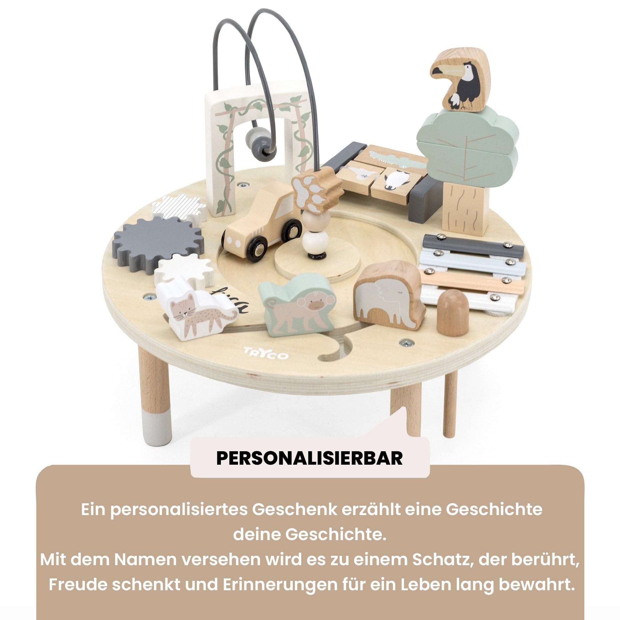 Personalisierbarer Holz-Aktivitätstisch – Motorikspiele & Lernaktivitäten – für Babys & Kleinkinder – mit Namen personalisiert - Tryco