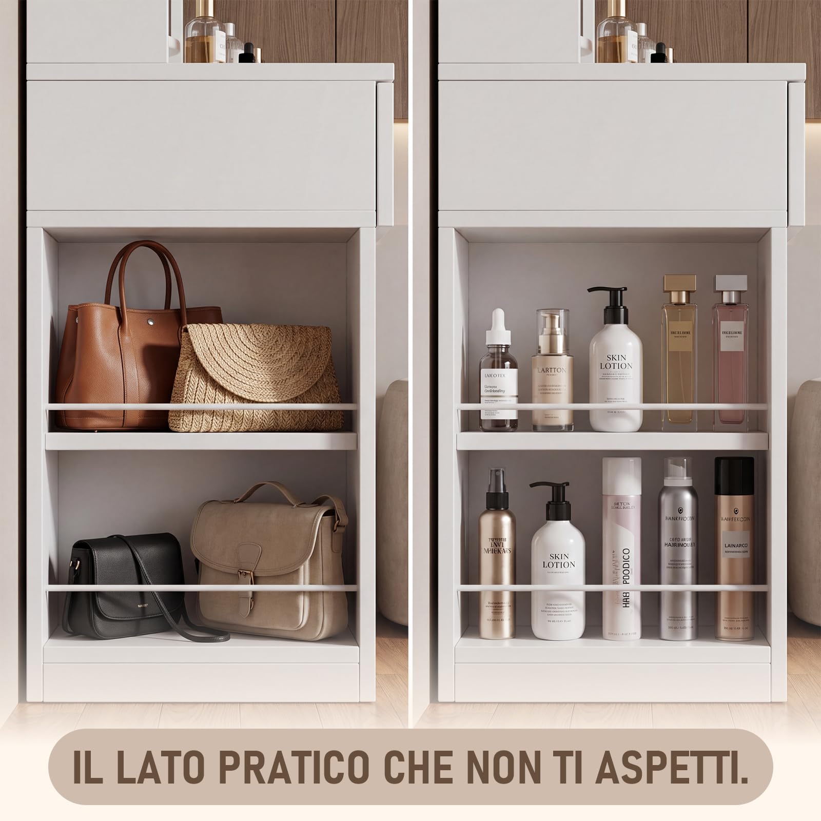 JUMMICO Toeletta con Specchio LED, Luminosità Regolabile, Tavolo da Trucco 90 cm con 2 Grandi Cassetti, 6 Ripiani Aperti, Vano Laterale, Mobile per Camera da Letto (Bianco, Con Sgabello)