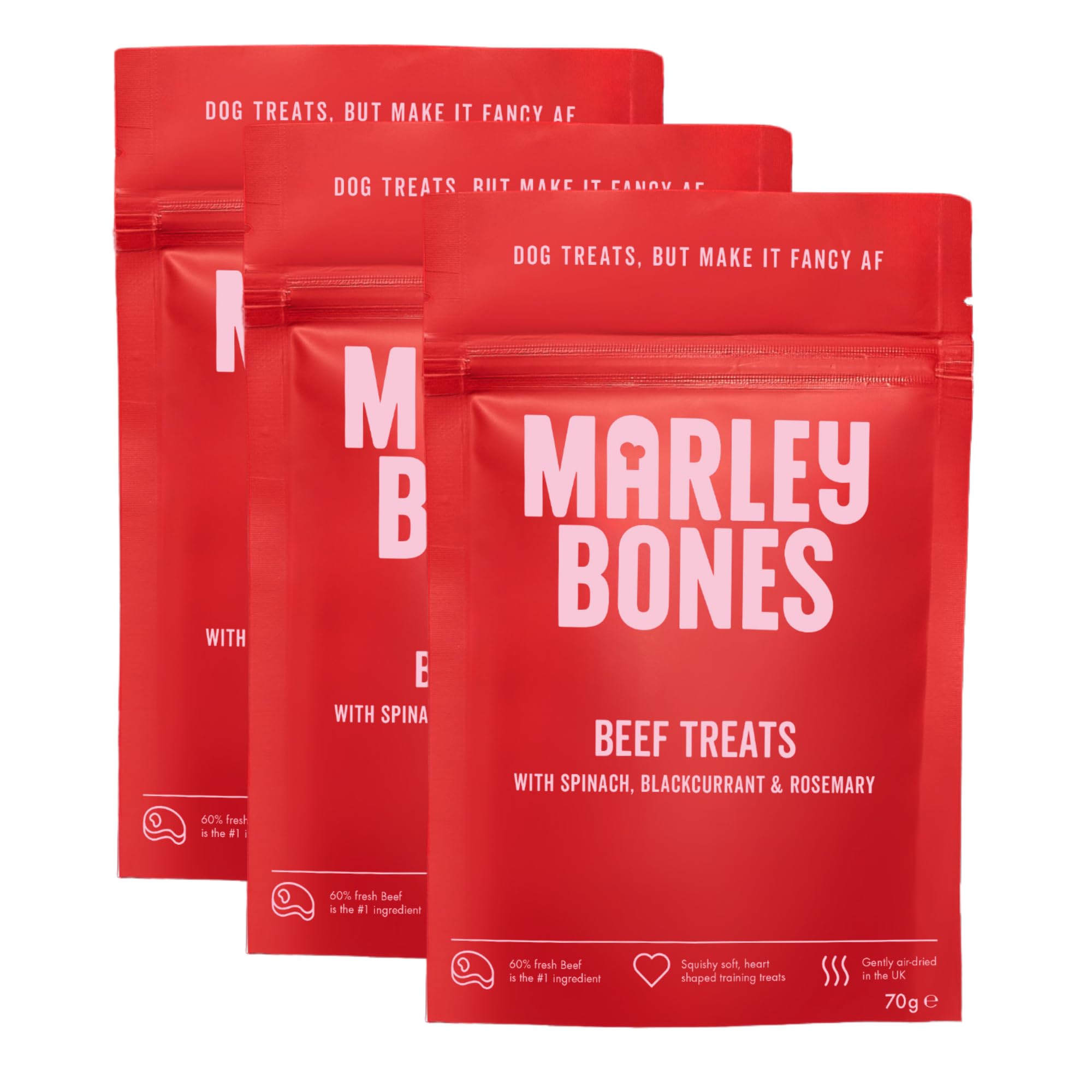 Marleybones Beef Air-Dried Dog Training Treats 70g (Pack of 3) | 60% Fresh Beef, Superfoods & Veggies | Natural Grain Free Adult & Puppy Treats | No Artificial Additives | All Life Stages