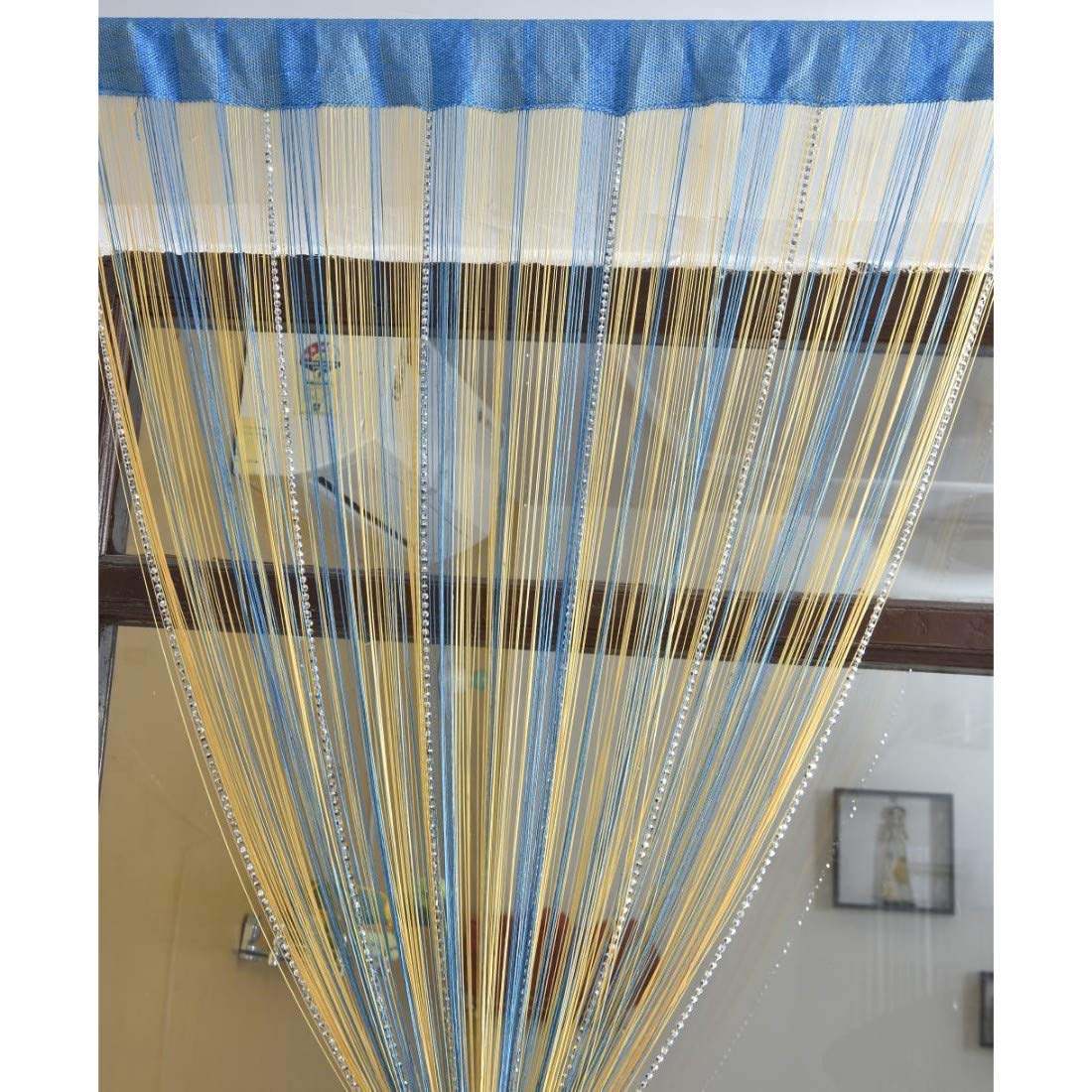 Home DesiricaMade in India Polyester Blend Solid String Long Door Thread Curtain (Color Aqua -Gold) Size 9 ft, Blackout