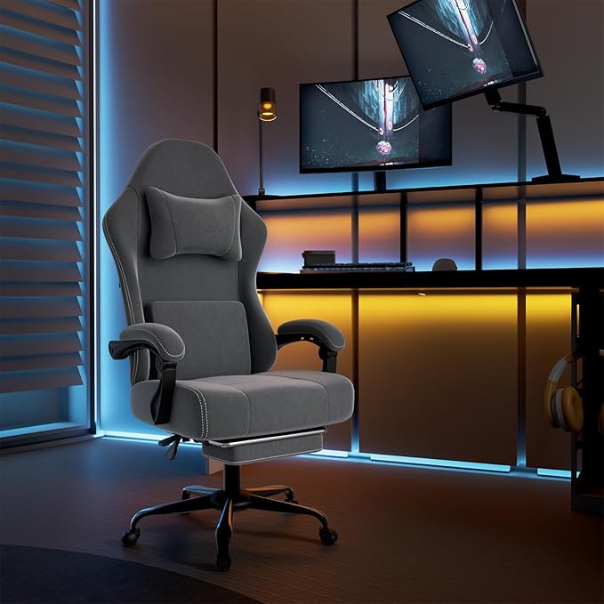 Ergonomic Gaming Chair, Video Game Chair with Massage Lumbar Support and Footrest, Height Adjustable Fabric Computer Chair with Pocket Spring Cushion