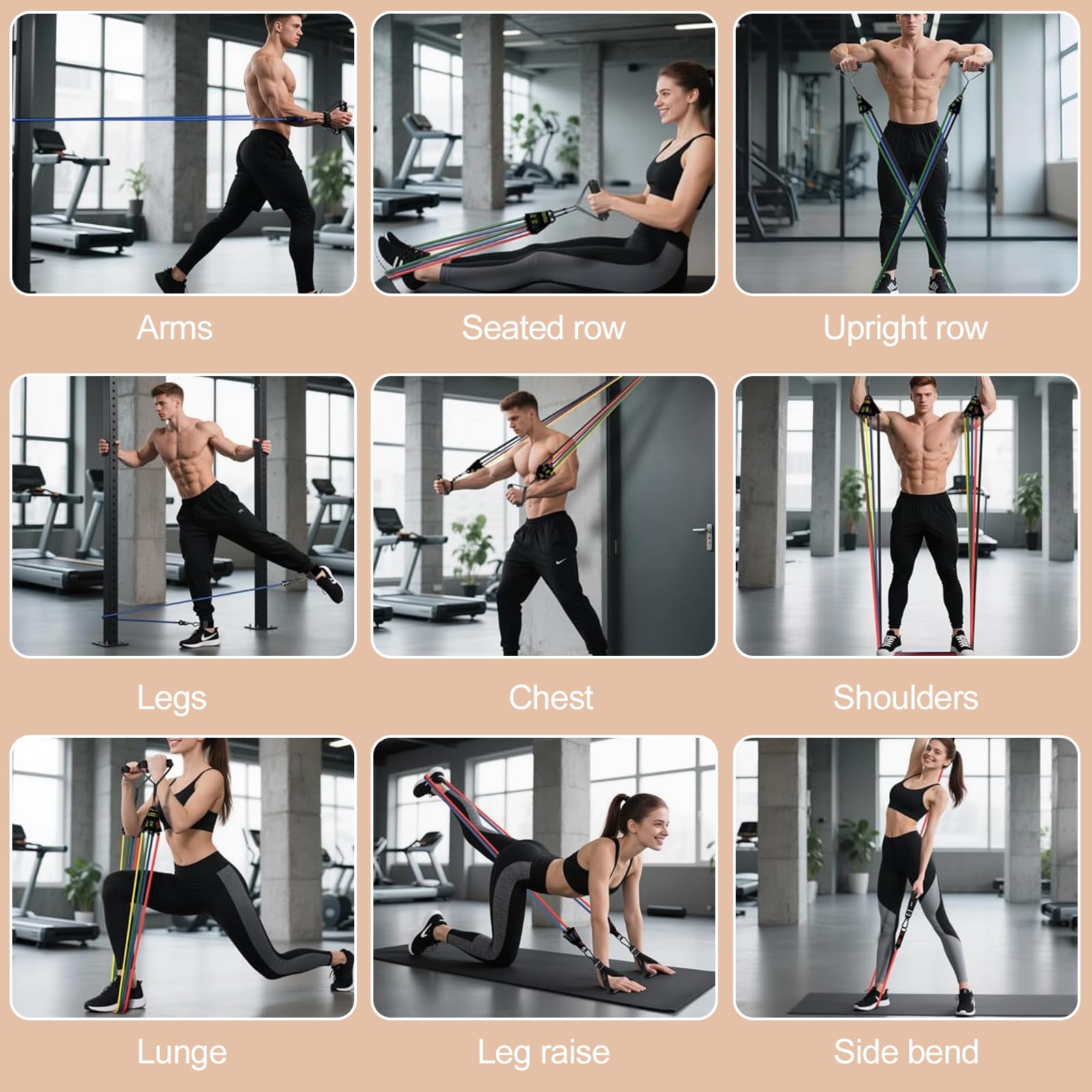 Elastici Fitness, Bande Elastiche 5 Livelli di Resistenza, Elastici Palestra, Elastici per Allenamento con Maniglie, Ancoraggio, Cinturino Alla Caviglia, Resistance Bands per Yoga, Pilates