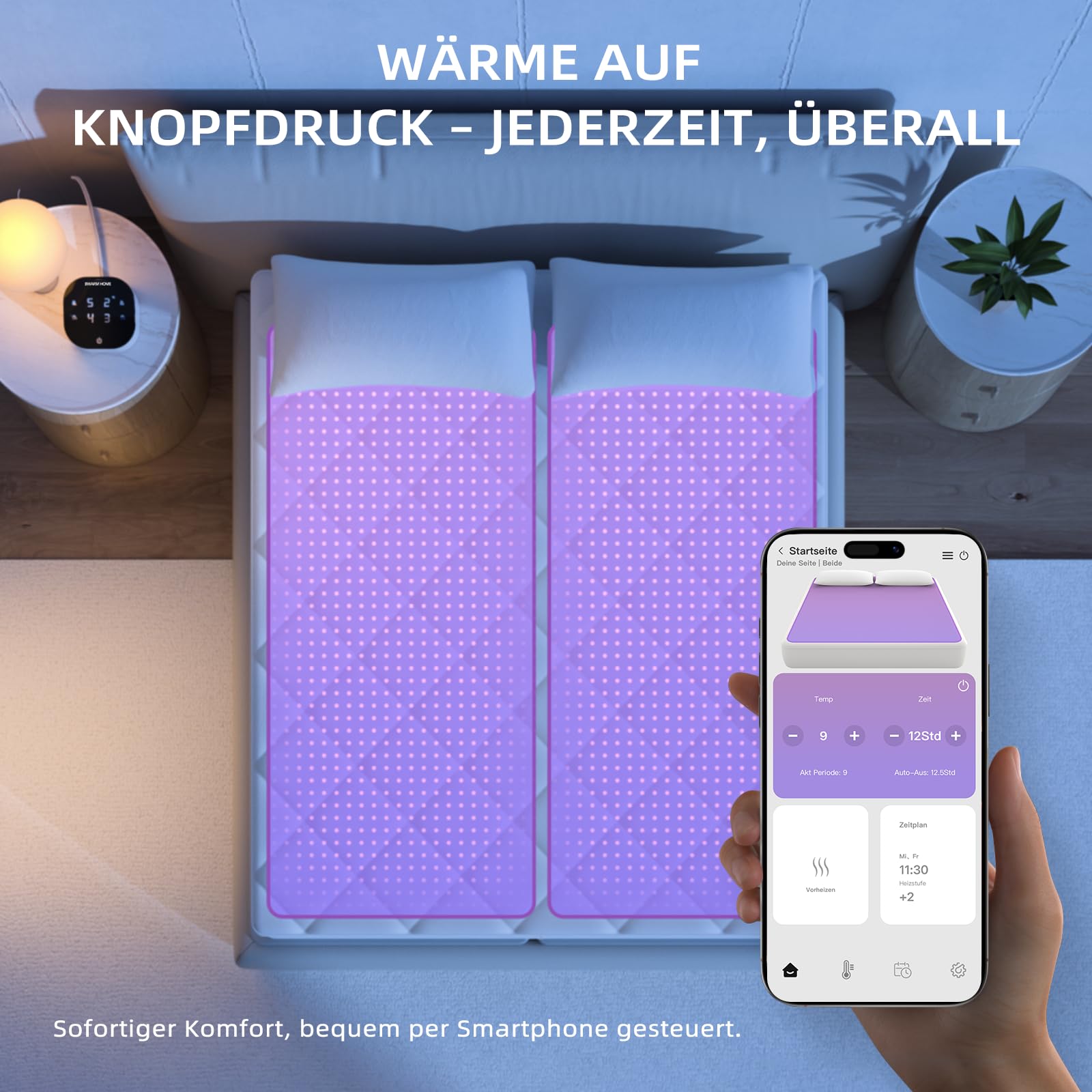 WLAN-Wärmeunterbett 160×200 cm (Queen Size), elektrisches Heizunterbett mit 9 Heizstufen, 1–12 Std. Abschaltautomatik, extra Tiefe Taschen, maschinenwaschbar, diamantgesteppt