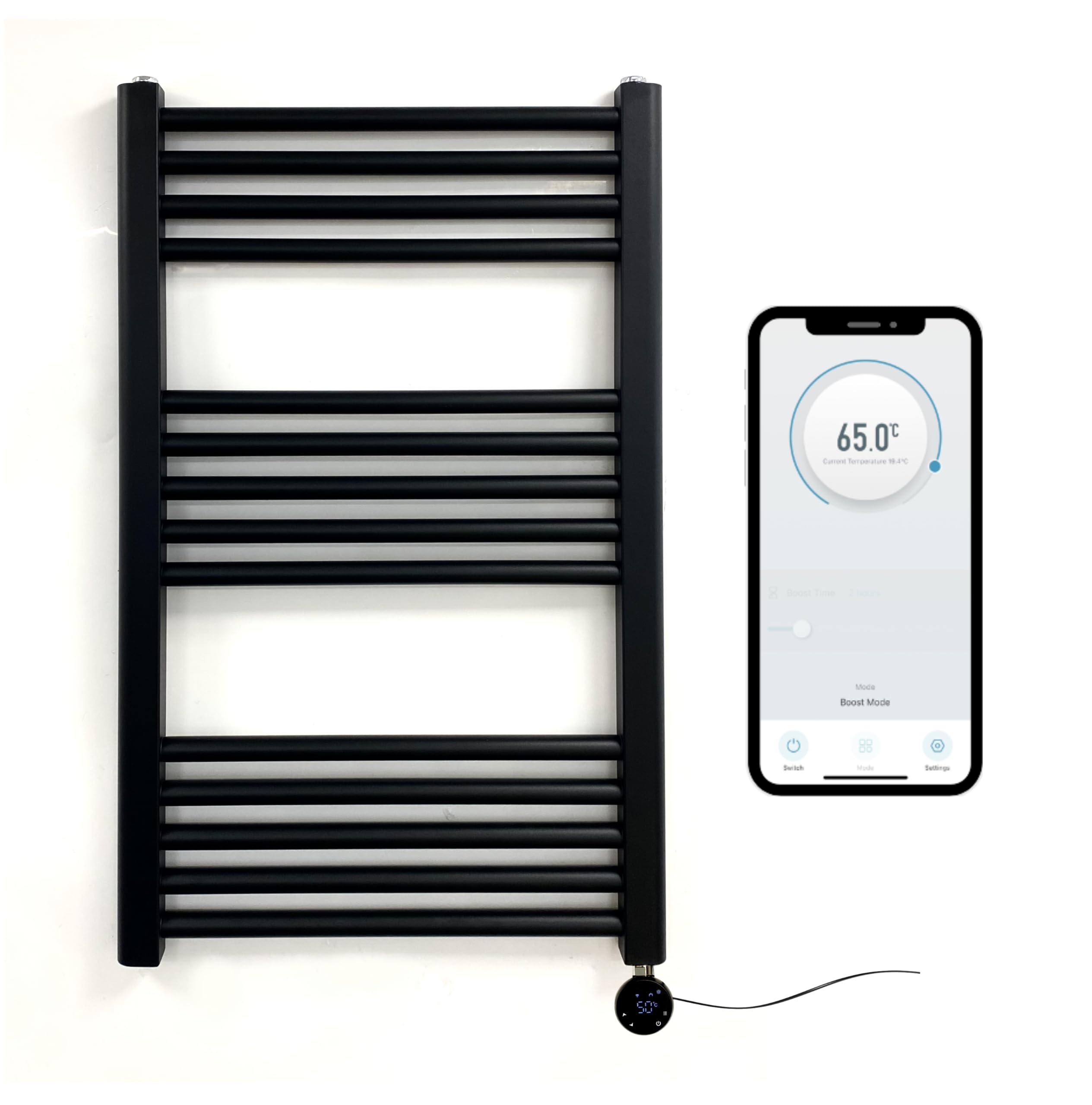 Greened House Matt Black Electric Smart WiFi Controlled Heated Towel Rail 500mm W x 800mm H 7 Day Programmable Timer App Compatibility