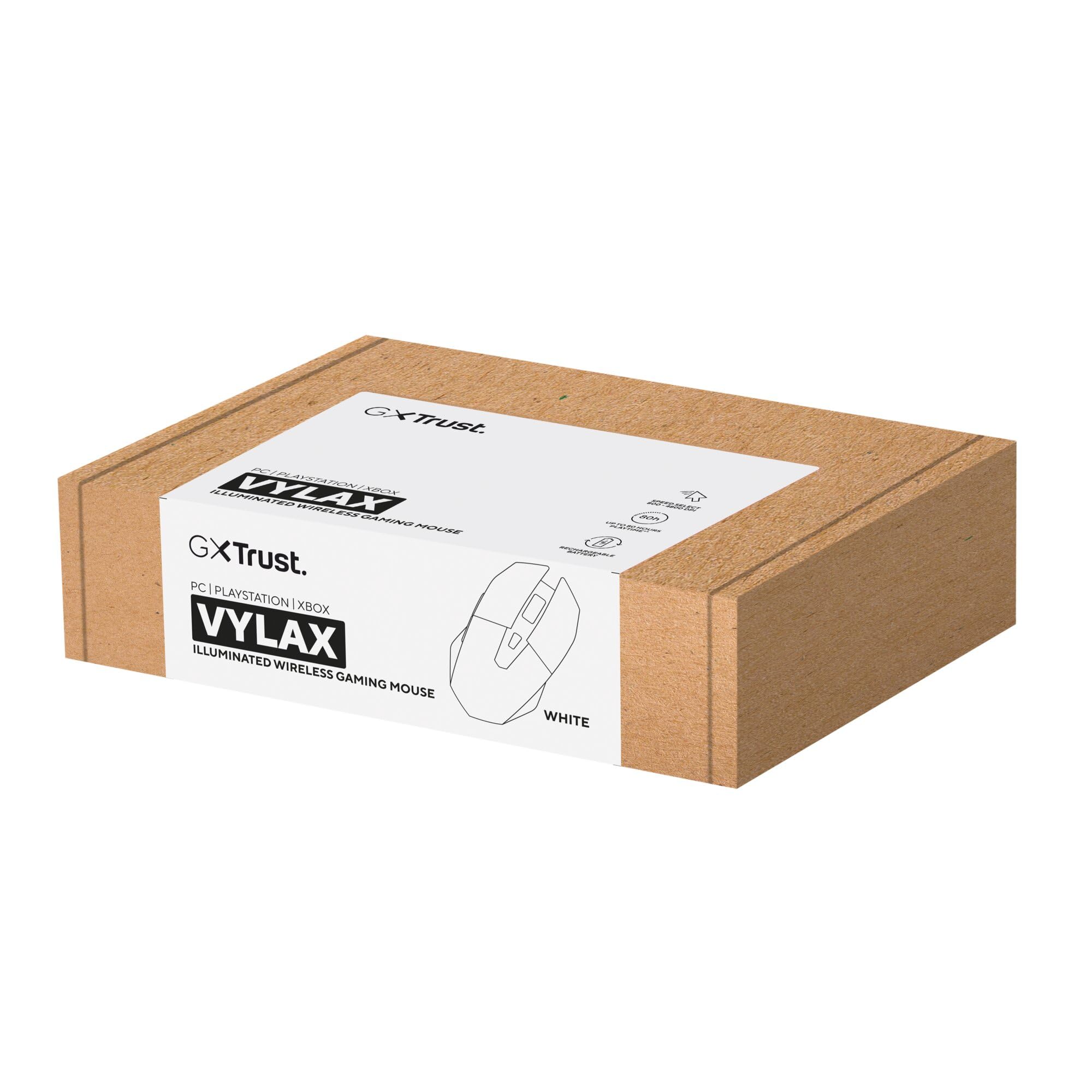 GXTrust Vylax bezprzewodowa mysz gamingowa, akumulator 80 godzin, biała | 800-4800 DPI, podświetlenie LED, 6 przycisków, odbiornik USB, myszka do gier PC komputer laptop Windows