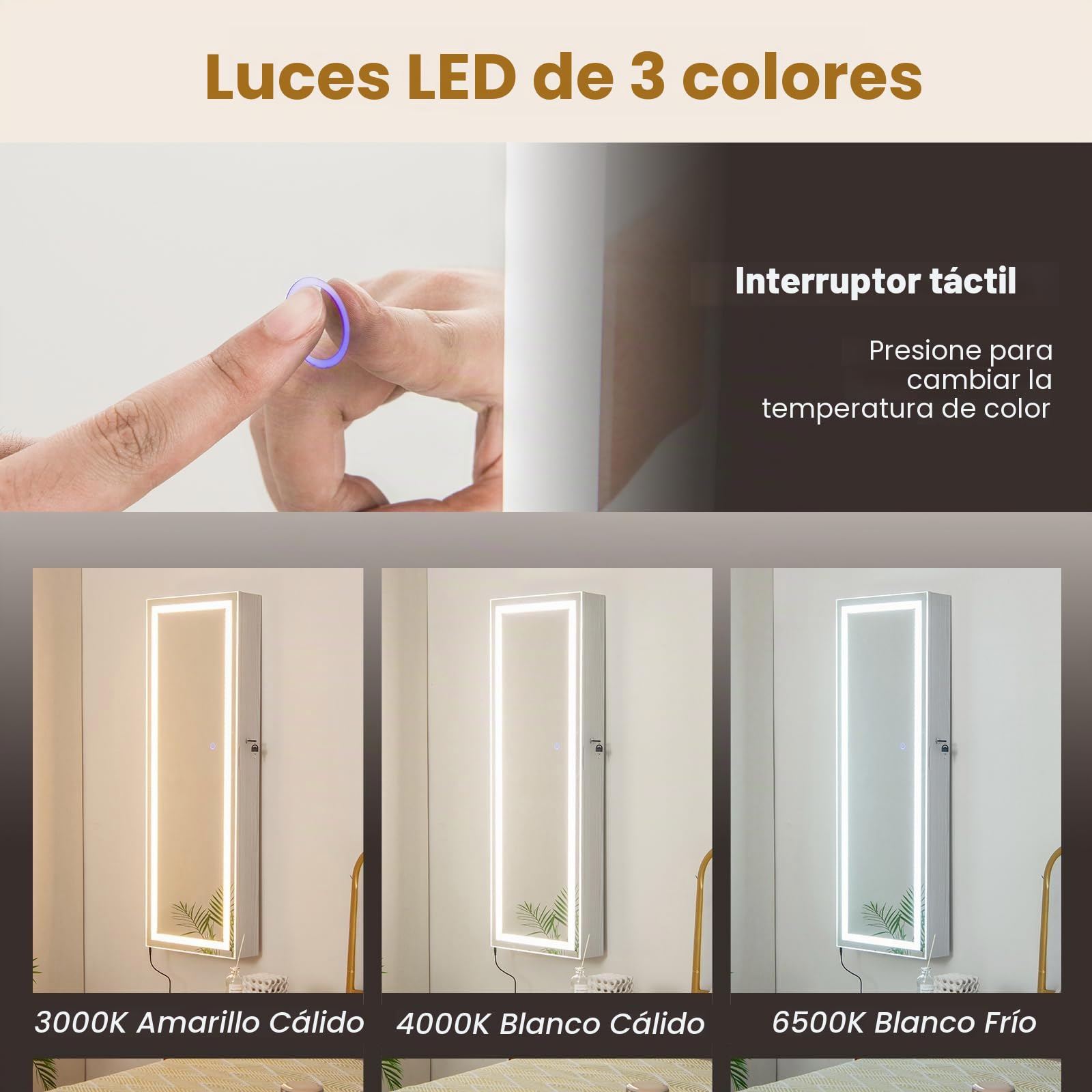COSTWAY Armario Colgante para Joyas con Espejo, Cerradura y Luz LED Tres Colores, Blanco
