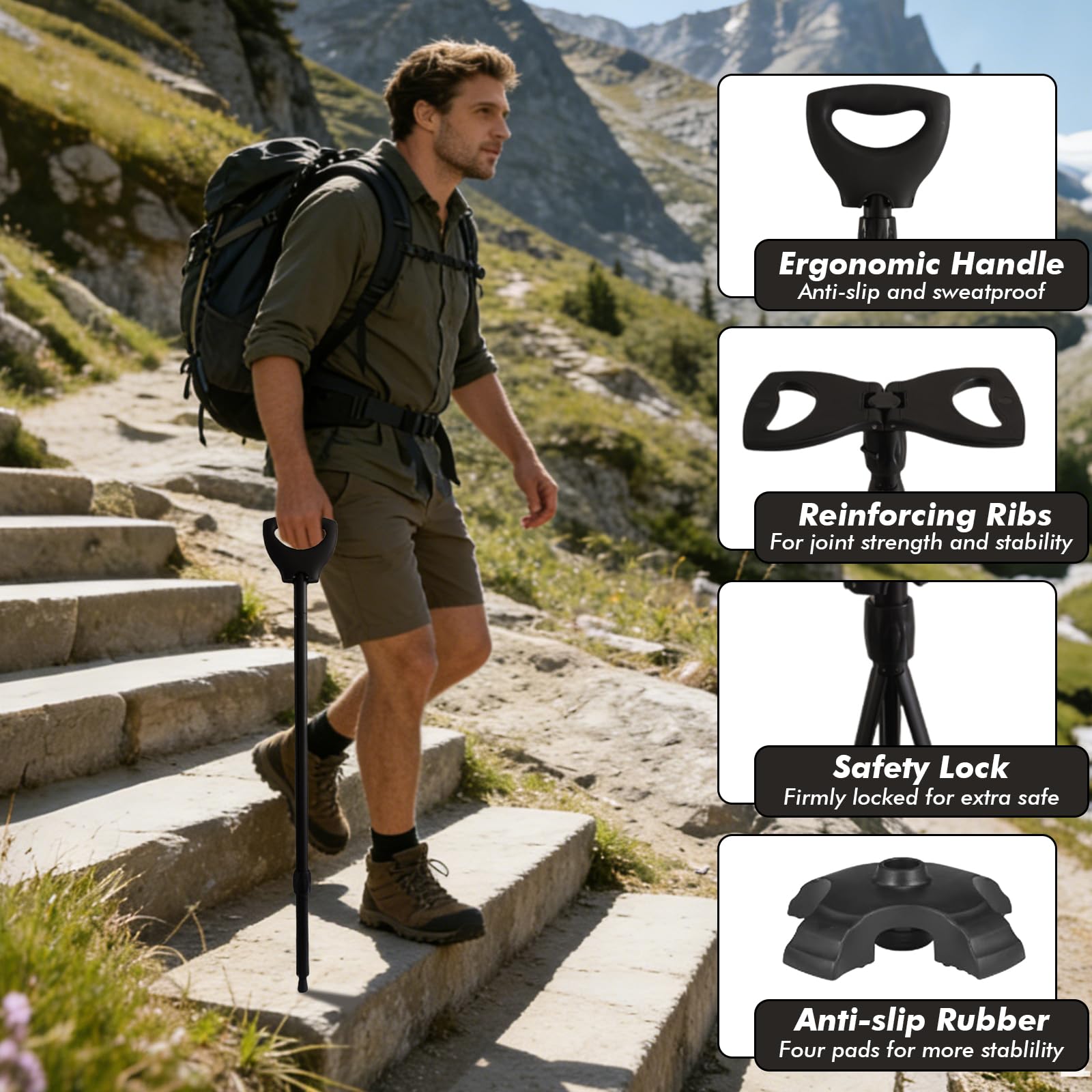 Silla de Paseo portátil, bastón Ajustable con Asiento, bastón portátil Ajustable, Asiento Plegable para bastón para Acampada, Senderismo y Viajes, Carga máxima 80 kg