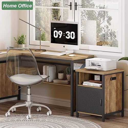 Miniatura 8 de FATORRI Mesa auxiliar con almacenamiento, mesa auxiliar rústica para sala de estar, mesitas de noche estrechas de madera y metal con puerta (roble