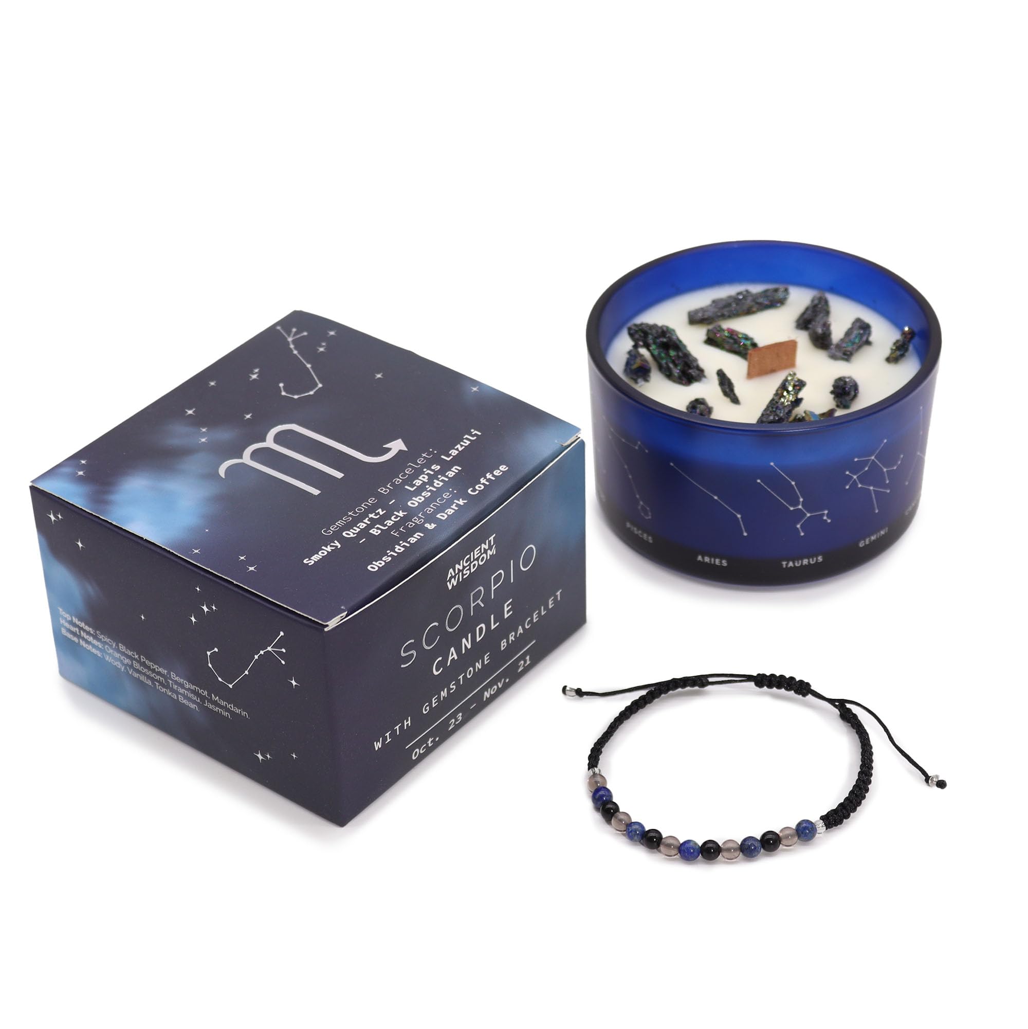 Zodiac Candle with Natural Stones and Semi-Precious Stones Bracelet in Gift Box – Scented Candles Aromatherapy – Original Gift to Connect with the Horoscope Sign (Scorpio)