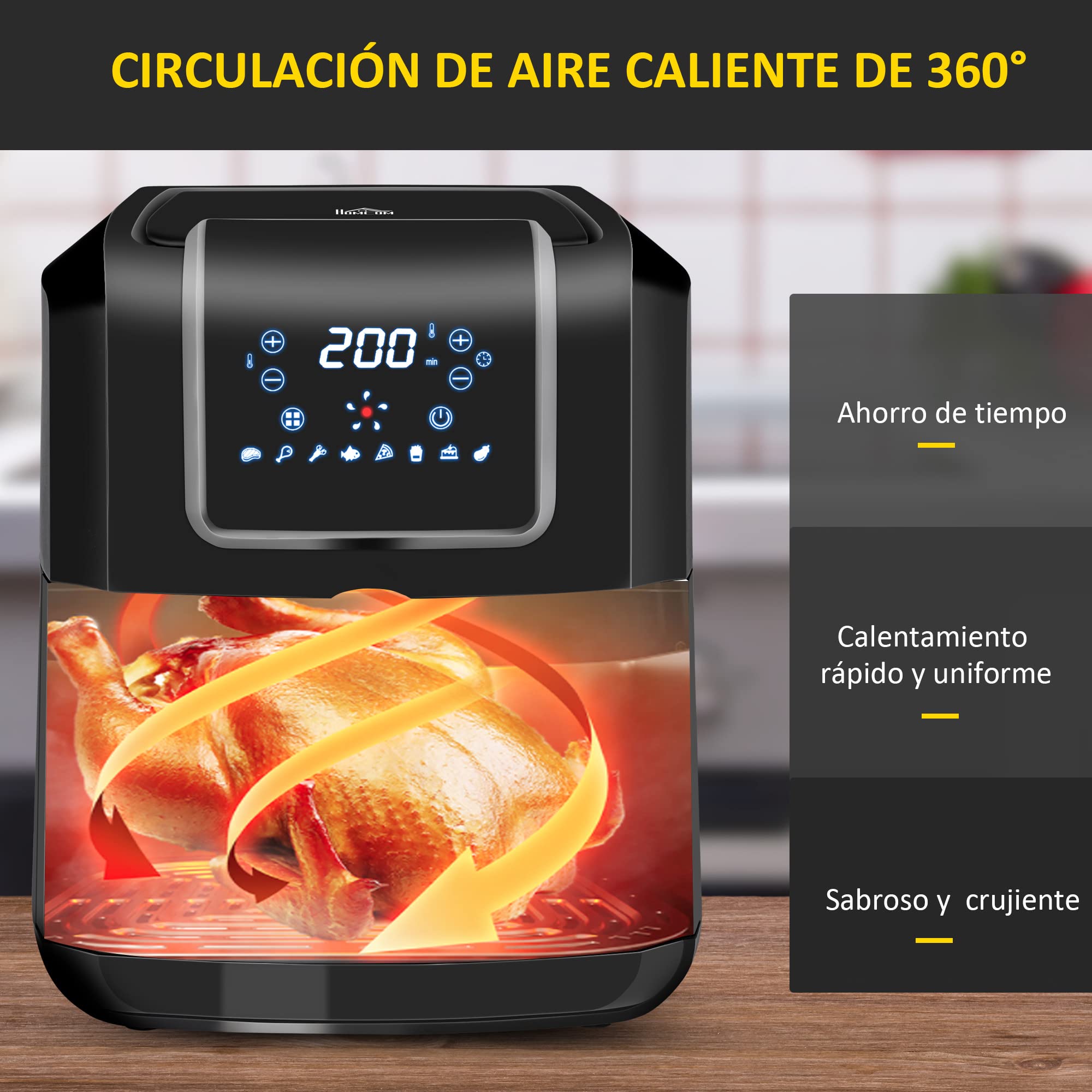 HOMCOM Freidora sin Aceite 6,5L 1700W 36,5x29x33,8 cm Negro | Freidora de Aire, 8 Programas, Pantalla LED Táctil, Temperatura Ajustable, Temporizador, Cesta Antiadherente