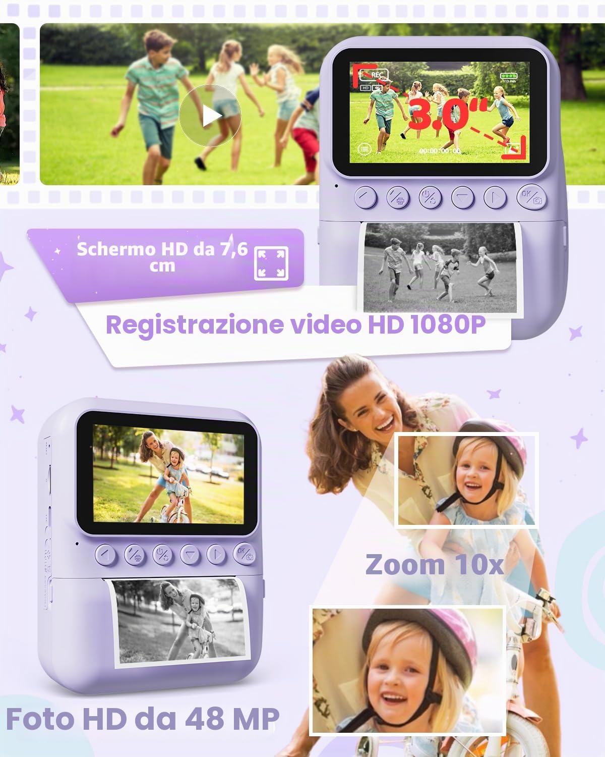 TIATUA Macchina Fotografica Bambini Istantanea, 3.0 Pollici Fotocamera Digitale Bambini con 32GB Scheda & 3 Rotoli di Carta da Stampa, Regalo per Ragazze Ragazzi da 3-12