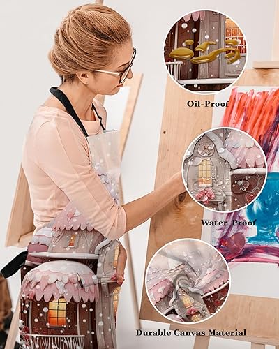 Miniatura 4 de Delantal con peto de Navidad rosa con bolsillos, impermeable, delantal ajustable para hombres y mujeres, muñeco de nieve de Navidad, copo de nieve