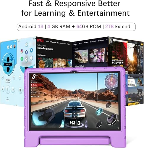 Miniatura 4 de Tableta para niños de 10 pulgadas, Android 13, 4 GB de RAM+64 GB ROM 8000 mAh, tableta para niños y adolescentes, WiFi 2.4G y 5G, cámara dual,