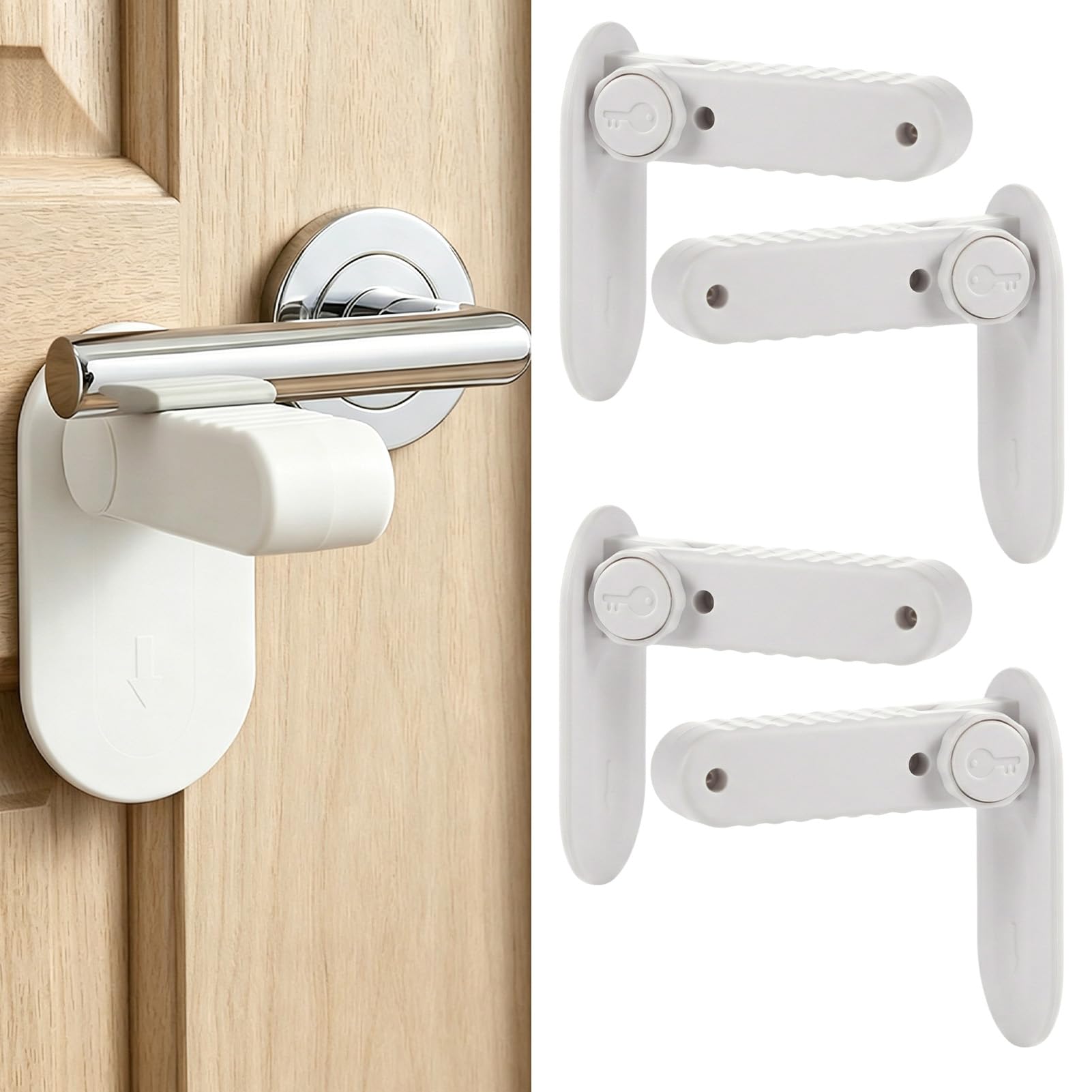 4 PCS Baby Door Safety Locks, Door Locks for Children & Pets with Strong Adhesive, Door Handle Lock No Drill Design for Bedroom, Bathroom, Kitchen, Easy to Install, White