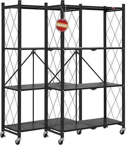 DEANIC Estantes de almacenamiento plegables de 4 niveles con ruedas, estantería de gran capacidad, estante de alambre de metal independiente,