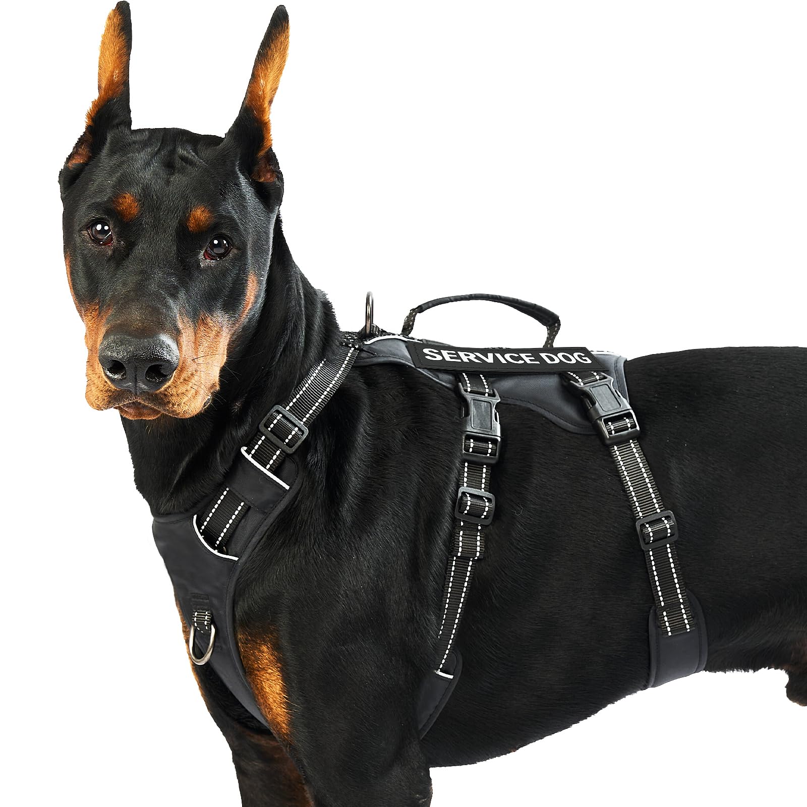 Huntboo Escape Proof Dog Harness Large Dog, Service Dog Harness with 6 Patches, No Pull Harness for Dogs with Handle, Reflective Adjustable Vest for Training, Walking, Outdoor (Black,L)