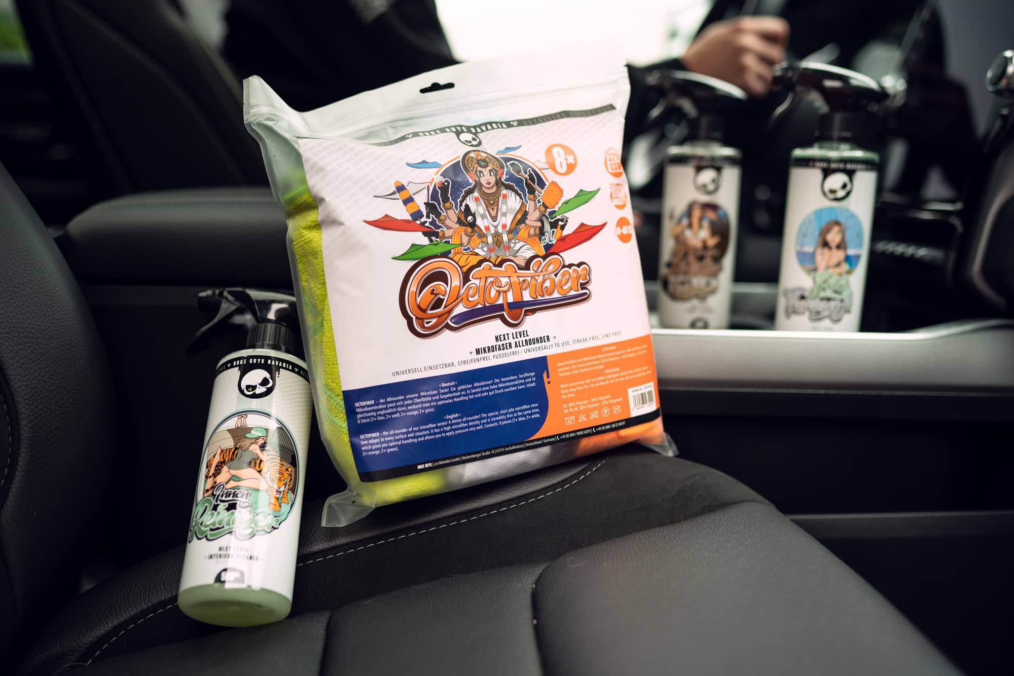 Nuke Guys Auto Innenreinigung Bundle Deluxe | Polsterreiniger 0,5L + Glasreiniger 0,5L + Innenreiniger 0,5L + 8X Mikrofasertuch + 4X Waffeltuch + 2X Handschuh + Bürsten + Pinsel