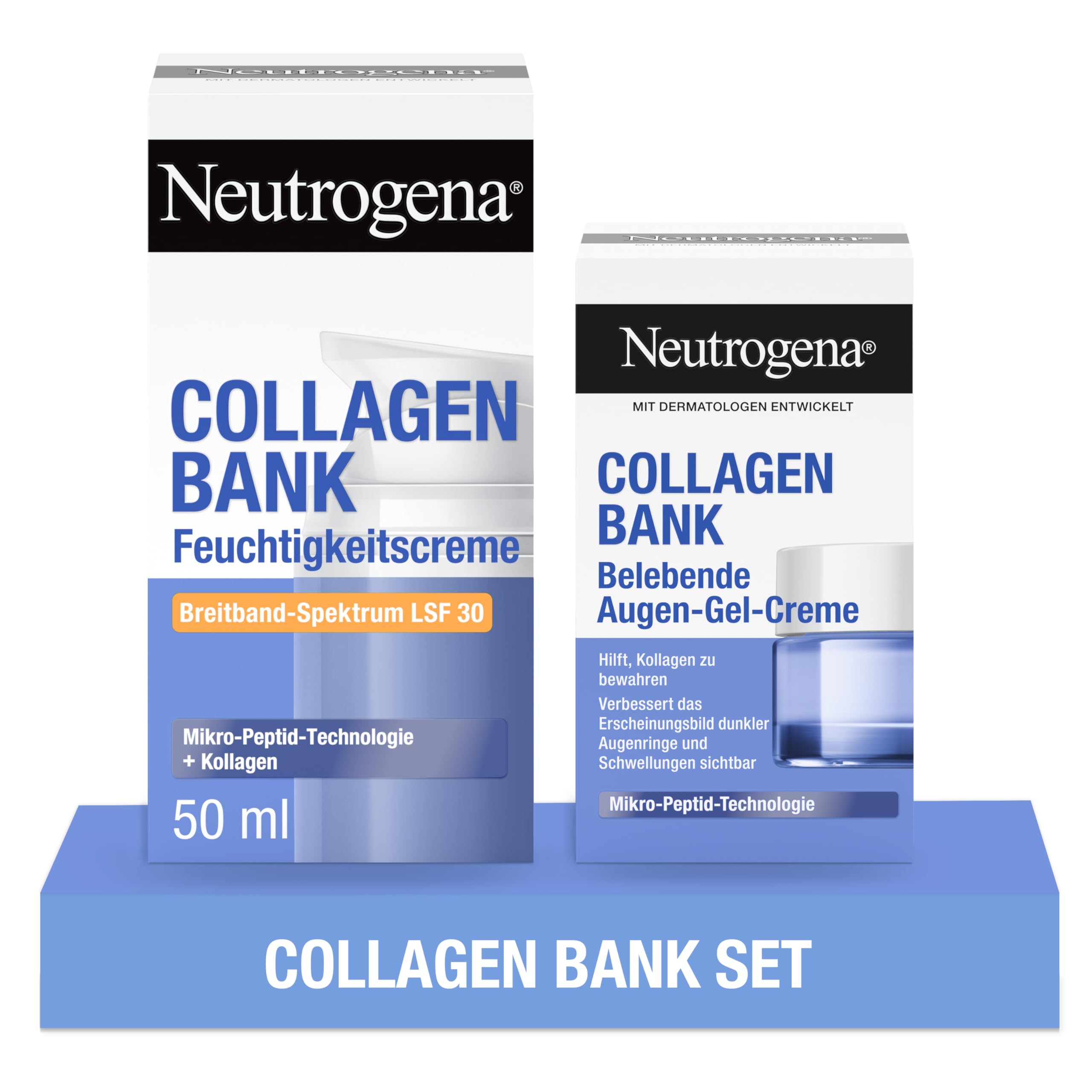 Neutrogena® Collagen Bank Tagescreme LSF 30 + Augen-Gel-Creme – Anti-Aging Pflege mit Mikro-Peptid-Technologie gegen Falten, Augenringe & Schwellungen, für empfindliche Haut