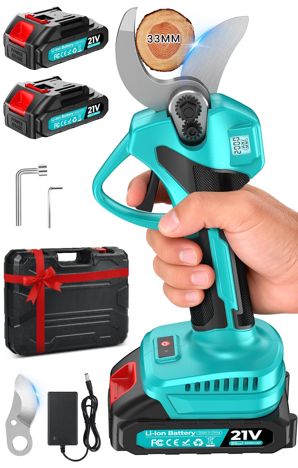 Sécateur Électrique Sans Fil, Léger Secateur electrique, Moteur sans balais, Capacité de Coupe de 33mm, avec Écran LCD, 2 batteries, & Lames de rechange, pour le Jardinage, les Branches, les Oliviers