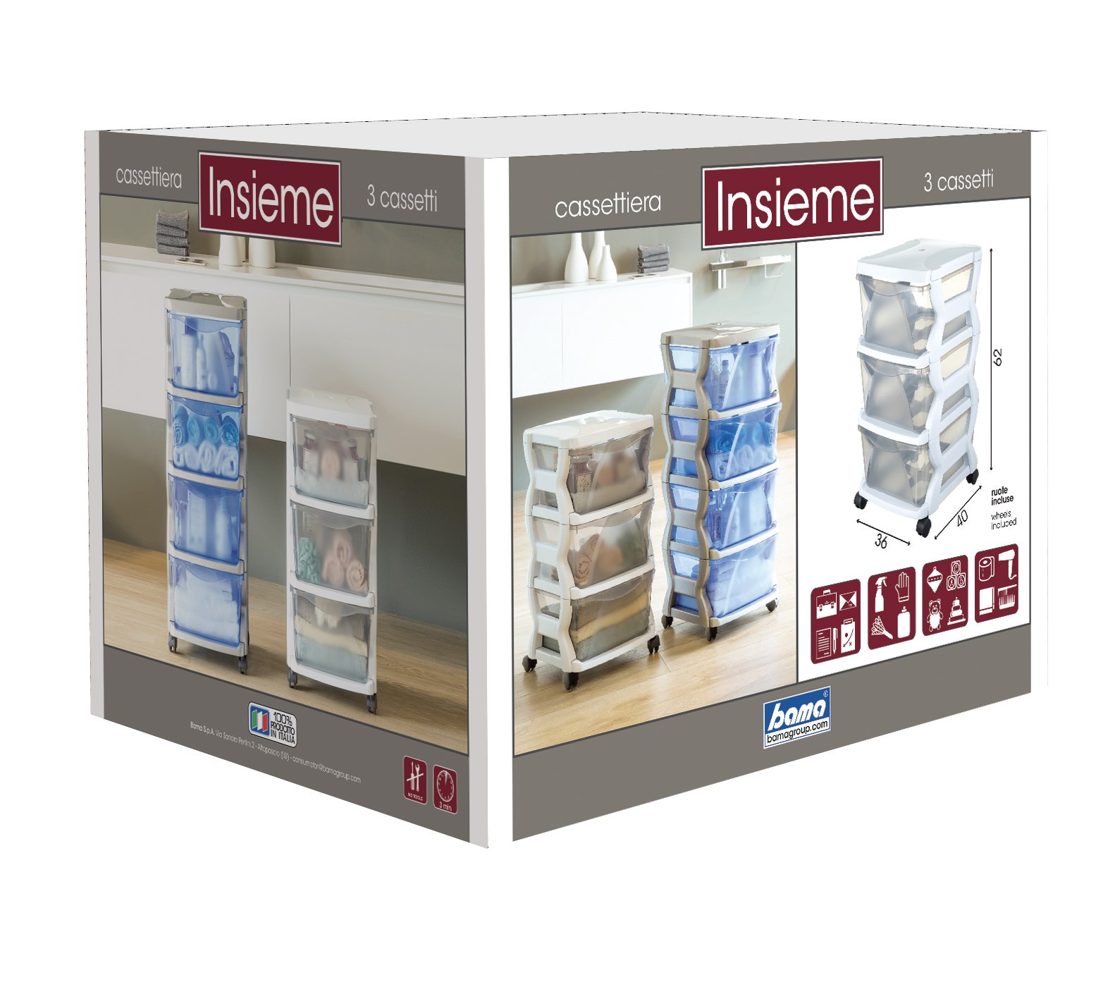 Bama 99002 Insieme Cassetti con Ruote, Bianco, 36 x 40 x 62 cm