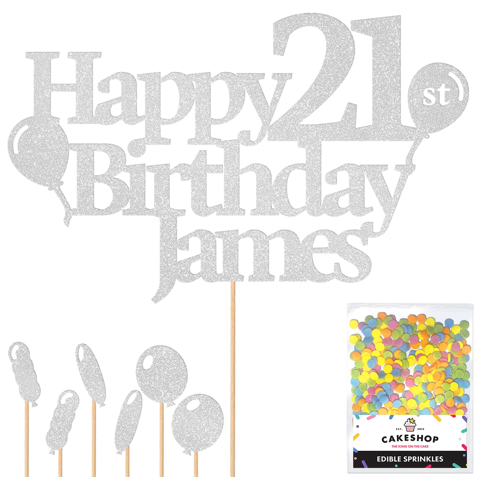 Personalised Happy Birthday Glitter Cake Topper Balloons - Light Silver Any Name Age Glitter Cake Decoration and Sprinkles - Happy Birthday Decorations - Personalised Toppers for Cakes by Cakeshop