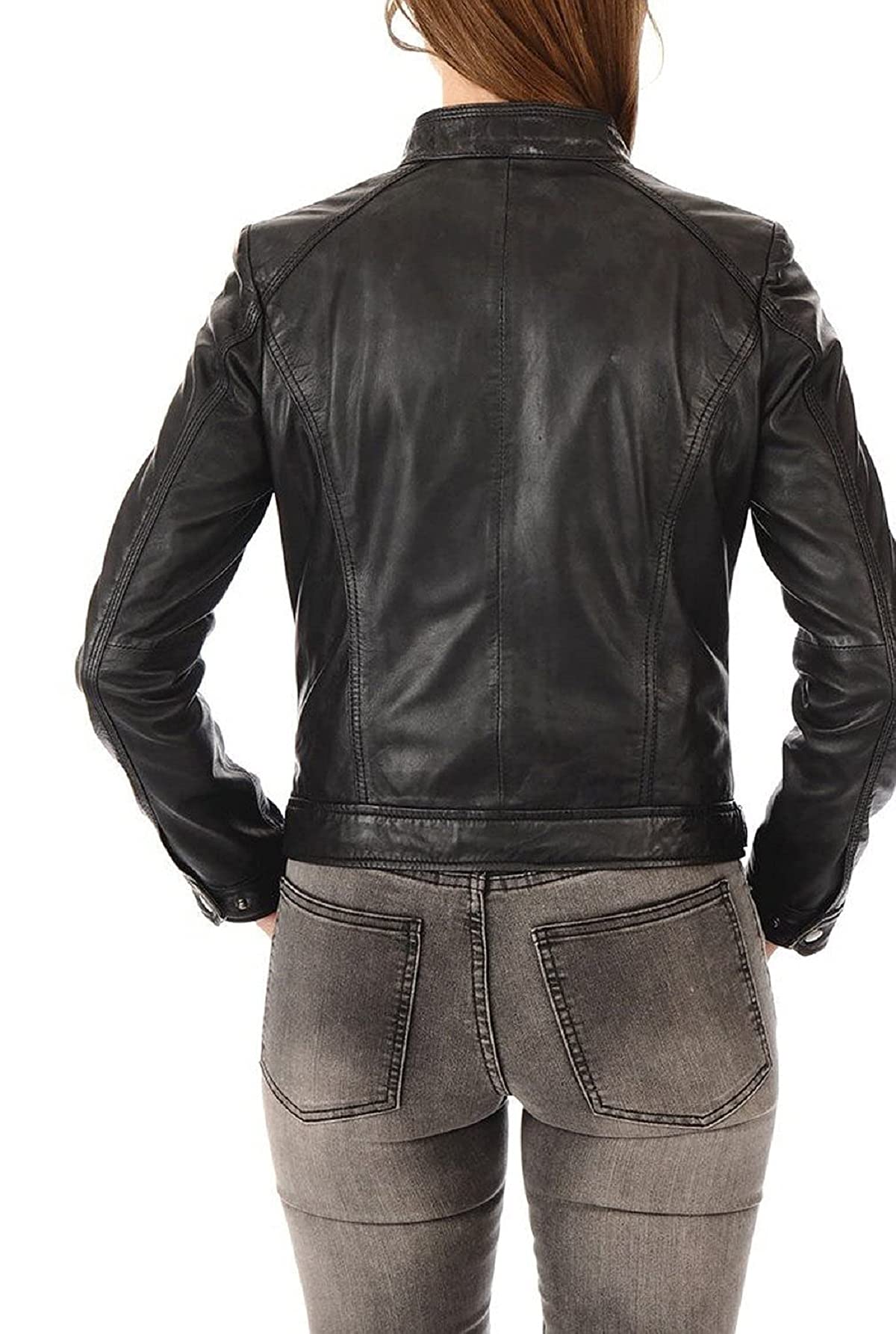 Damen Vintage Retro Cafe Racer Schwarz Echtleder Jacke Biker Motorrad, Kunstlederjacke, 48