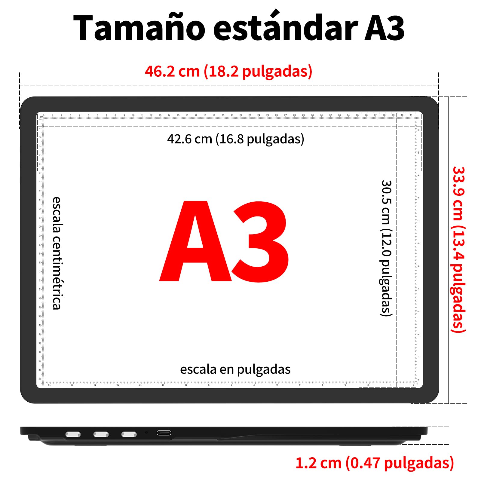 TOHETO Tablero de luz recargable A3 con soporte, almohadilla magnética superbrillante con botones laterales, caja de luz inalámbrica para trazar y dibujar, mesa de luz LED inalámbrica para pintura de