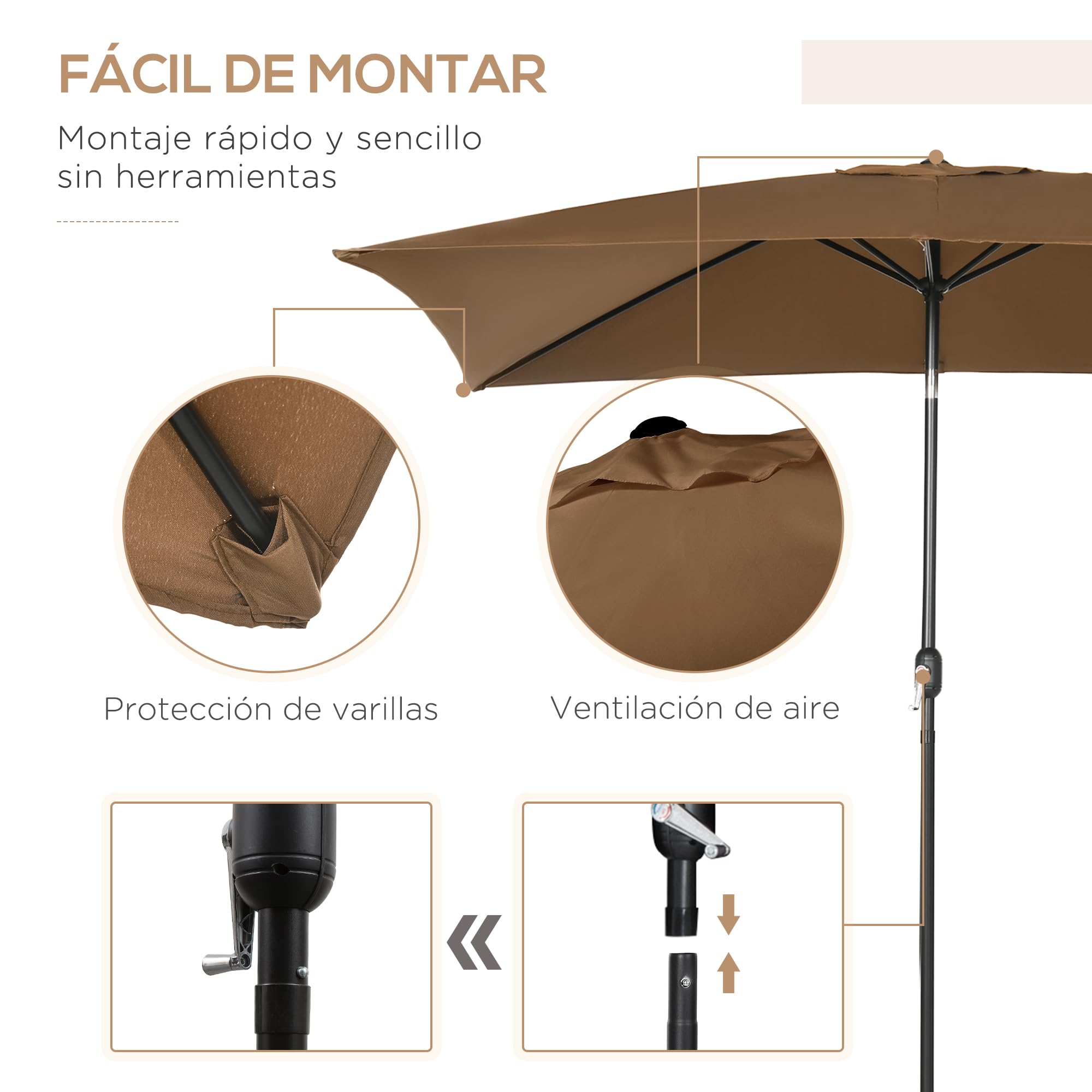 Outsunny Sombrilla de Terraza Exterior 200x300 cm Ángulo Ajustable Café | Parasol de Terraza Exterior, Mástil de Aluminio Desmontable, Manivela, Anti-UV, Sombrilla para Jardín, Patio, Café