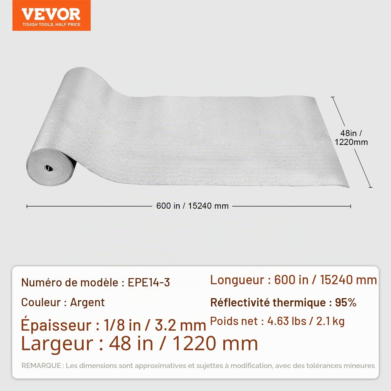 VEVOR Isolant thermique double réfléchissant, 15,24 x 1,22 m, rouleau d'isolation barrière radiante, noyau en mousse EPE, 3,2 mm, feuille d'aluminium double face, pour fenêtre, toit de camping-car