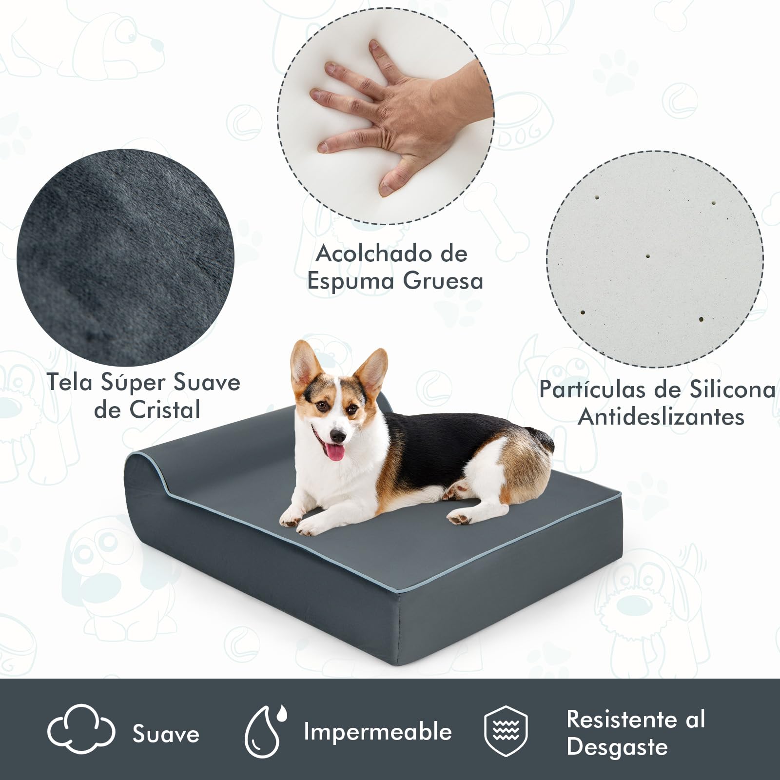 GOPLUS Cama Ortopédica para Perros, Cama Grande de Espuma Viscoelástica de Grafeno para Mascotas, Reposacabezas, Funda Extraíble y Lavable, Fondo Antideslizante, Sofá de Interior para Perros, Gris