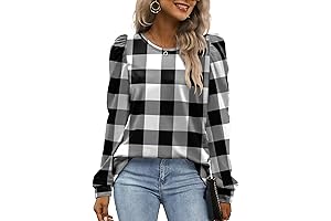 WEESO Plaid Puff Sleeve Crewneck Sweaters for Women