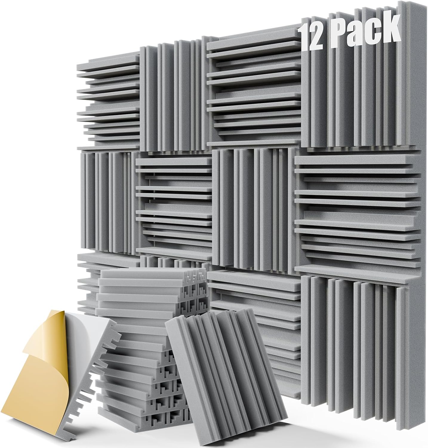 Paquete de 12 paneles de espuma autoadhesivos a prueba de sonido, paneles acústicos de 12 x 12 x 2 pulgadas con alta densidad, paneles decorativos