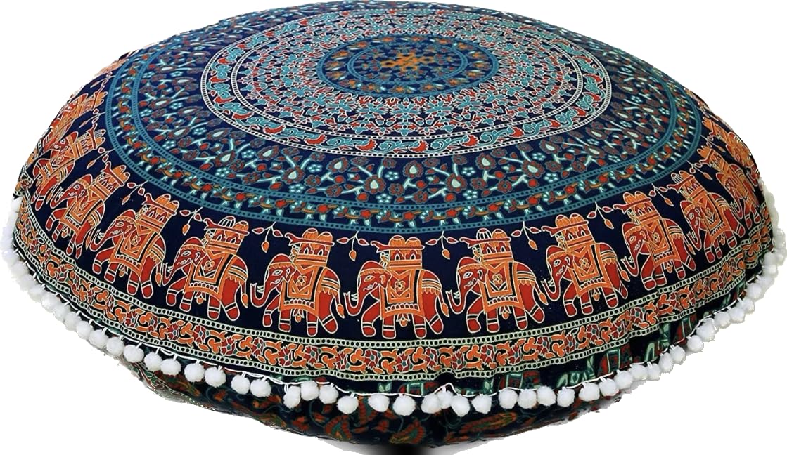 Elephant-Mulicolour 32" Mandala Large Floor Pillow Cover Meditation Cushion Hippie Round Colourful Decorative Bohemian Accent Boho Chic Dog Bed Indian Pouf Ottoman Handmade (Elephant-Mulicolour)